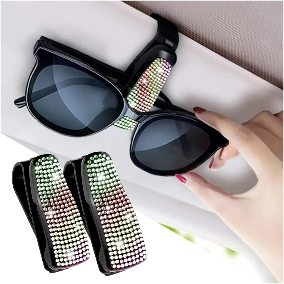Turcee Set of 2 Bling Rhinestone Car Sun Visor Glasses Holders with Anti-Scratch Sponge,Car Decoration for Women Girls,Ticket Card Clip Visor Organizer,Universal Rhinestone Car Accessories (Colorful)