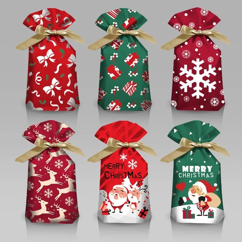 Dorischen 2024 Christmas Candy Bag with Drawstring Plastic Party Favor Bags Santa Gift Bag Christmas Decoration for Home Snowflake Noel Present Bag Christmas Wrap Holders New Year 24 PCS image number 4
