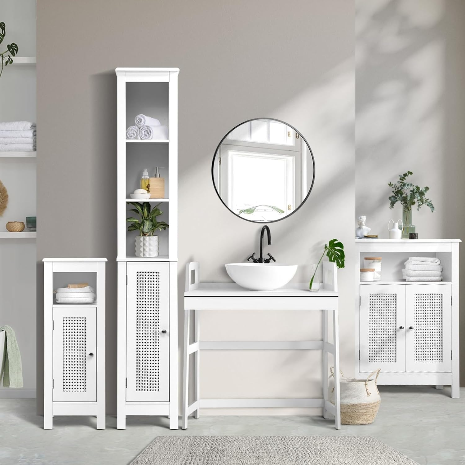 Oikiture 80Cm Bathroom Storage Cabiner with 3 Shelves and Rattan Door Hallway Sideboard Cupboard Standing Floor Buffet Side Cabinet White image number 2