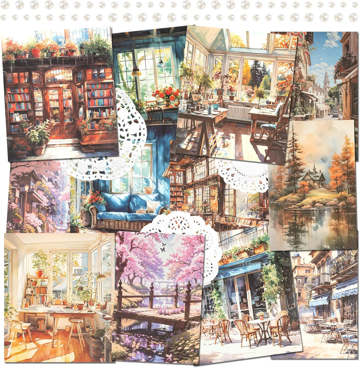 2 Packs Scrapbook Paper Street Natural Scenery Decoupage Background Paper Vintage Watercolor Style Collage Paper with Sticky Pearl for Journal Planner Card Making Crafting Collaging Wrapping (Alva) image number 2