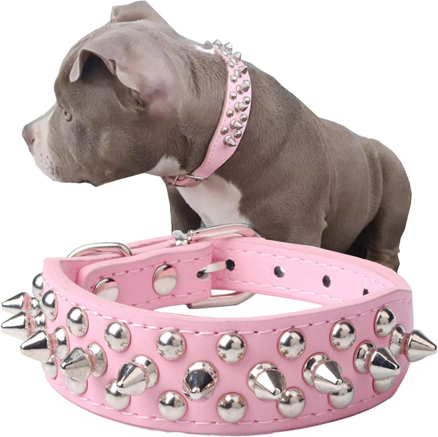 Adjustable Leather Spiked Studded Dog Collars Small Medium Large Pets like Cats/Pit Bull/Bulldog/Pugs/Husky, Pink,【 Neck 12 In】