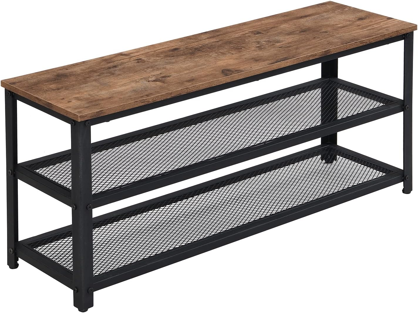 Shoe Bench, 3-Tier Shoe Rack with Storage Organizer Seat, Shelf Storage Bench with Metal Mesh Shelves, 100Cm Entry Bench for Entryway, Living Room, Hallway, Industrial Style, Rustic Brown image number 2