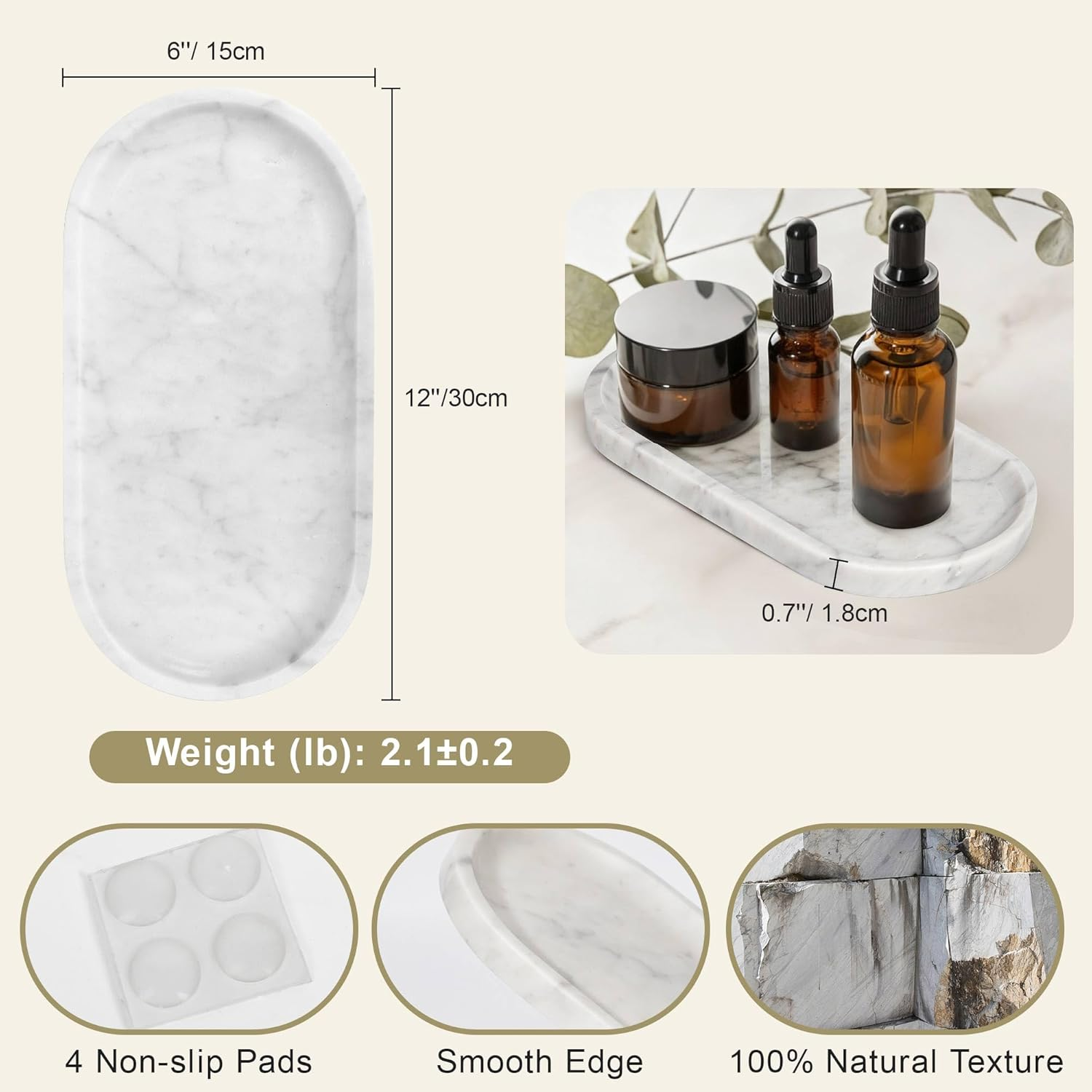 Aturalux Natural Marble Tray for Vanity (12" L X 6" W), Marble Tray with 4 Non-Slip Silicone Gaskets, Decorative Tray for Perfume, Jewelry, Kitchen & Dresser Decor - Light Beige Tray image number 3