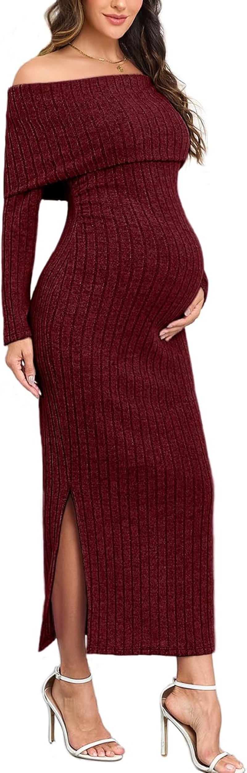 CYCLAMEN Off-Shoulder Maternity Sweater Dress Rib Knit Long Sleeve Dresses with Side Slit Pregnancy Clothes Baby Shower