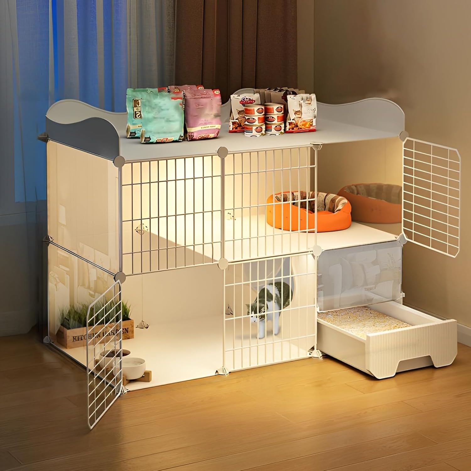 Taoluwin Cat Cage, Space-Saving Cat Villa with Litter Box, 360&deg; Semi-Enclosed Kennel Playpen for Indoor Cats, Easy Assembly Pet Cage for Home, RV, Travel (2 Rows)