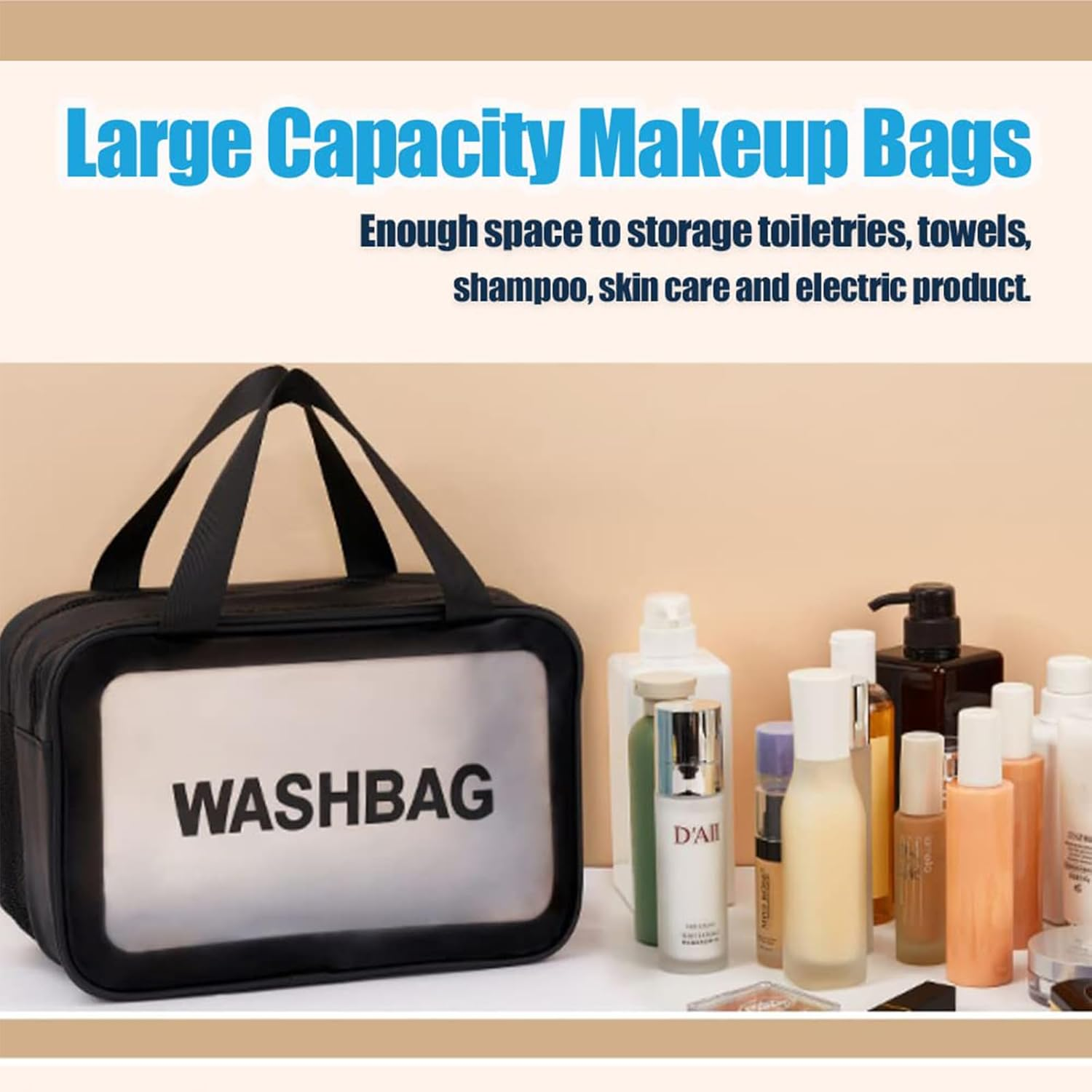 QAUARUMSUN Travel Toiletry Bag, Large Clear Makeup Bags, 2 in 1 Cosmetics Bag, Transparent Skin Care Bag for Toiletries,Waterproof PVC Thickened Wash Bag for Women Men(Black) image number 2