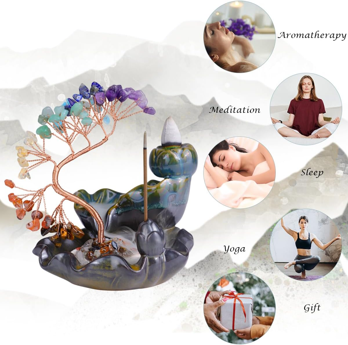 Waterfall Incense Burner, FHDUSRYO Backflow Incense Holder with Crystals Tree, 7 Chakra Crystal Censer Incense Stick Stand with 60 Incense Cones, 60 Incense Sticks, Aromatherapy Ornament Home Decor image number 1