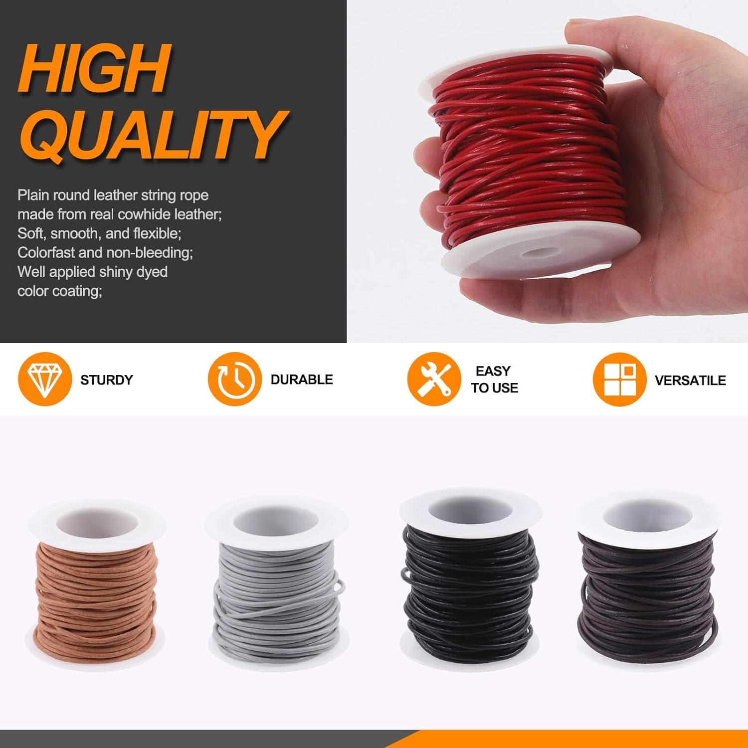 11 Yards X 2Mm Light Gray round Leather String Cord Soft Leather Rope Cord Spool for Necklaces Bracelets Shoelace Wrapping Crafts Jewelry Making Supplies image number 4