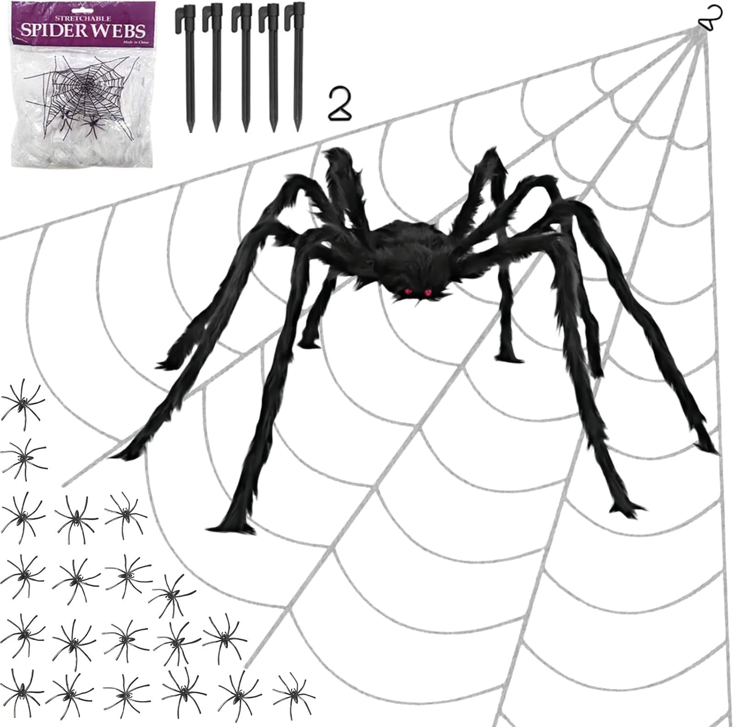 Halloween Spider Web & Giant Spider Decorations,Lifelike Hairy Spider Stretchable Web, All-Weather for Porch/Yard/Living Room, Complete Set with Installation Accessories image number 2
