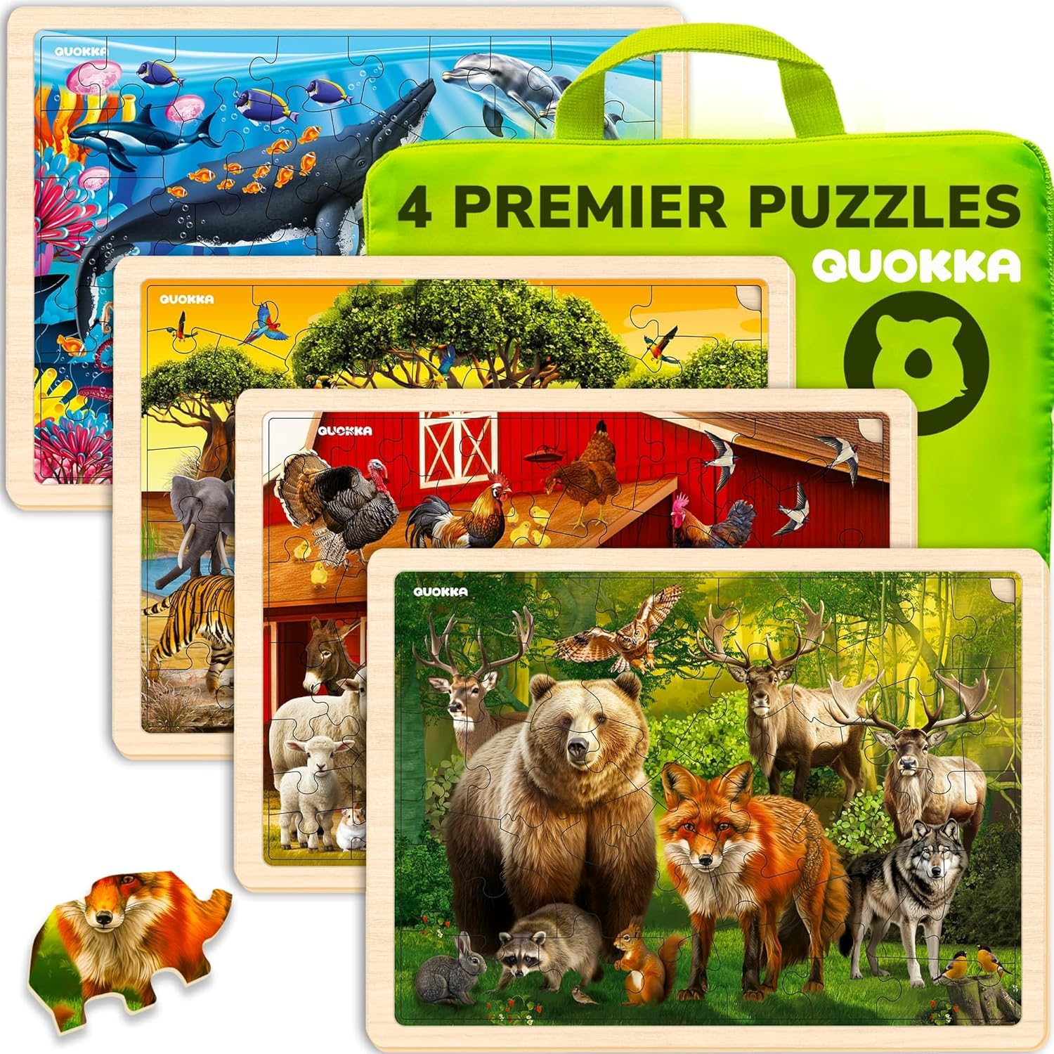QUOKKA 4SET Puzzles for Kids Ages 4-6 - 48 Pcs Wooden Toddler Realistic Montessori Puzzles Ages 3-5 - Wild Animals Africa Ocean Farm Learning Games for Boys and Girls 4-8 Year Olds