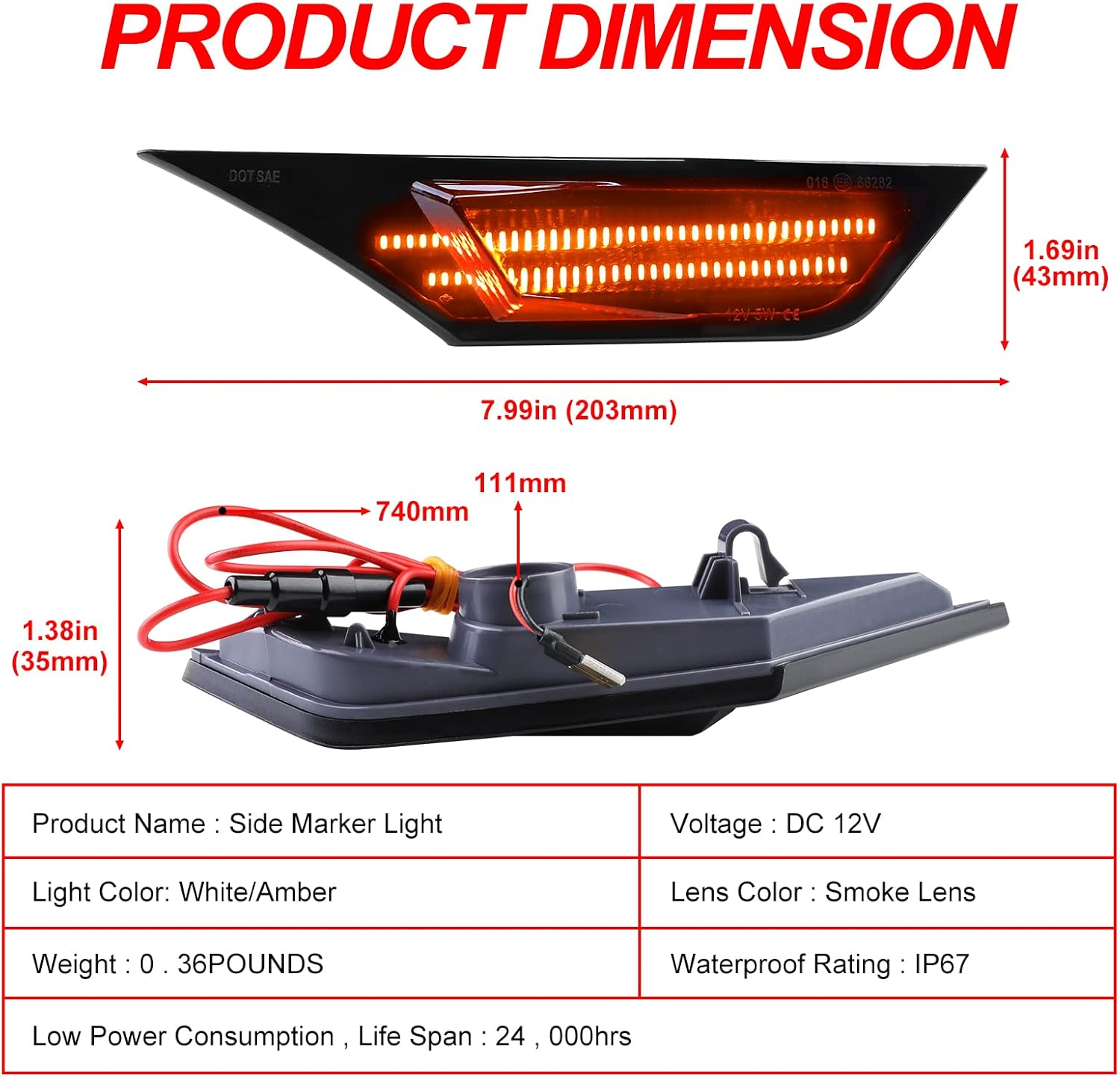 LED Side Marker Lights for Civic 2016-2021 Sedan Coupe Hatchback Switchback Amber Turn Signals White Running Position Lights Front Driver & Passenger Side,Pack of 2 image number 2