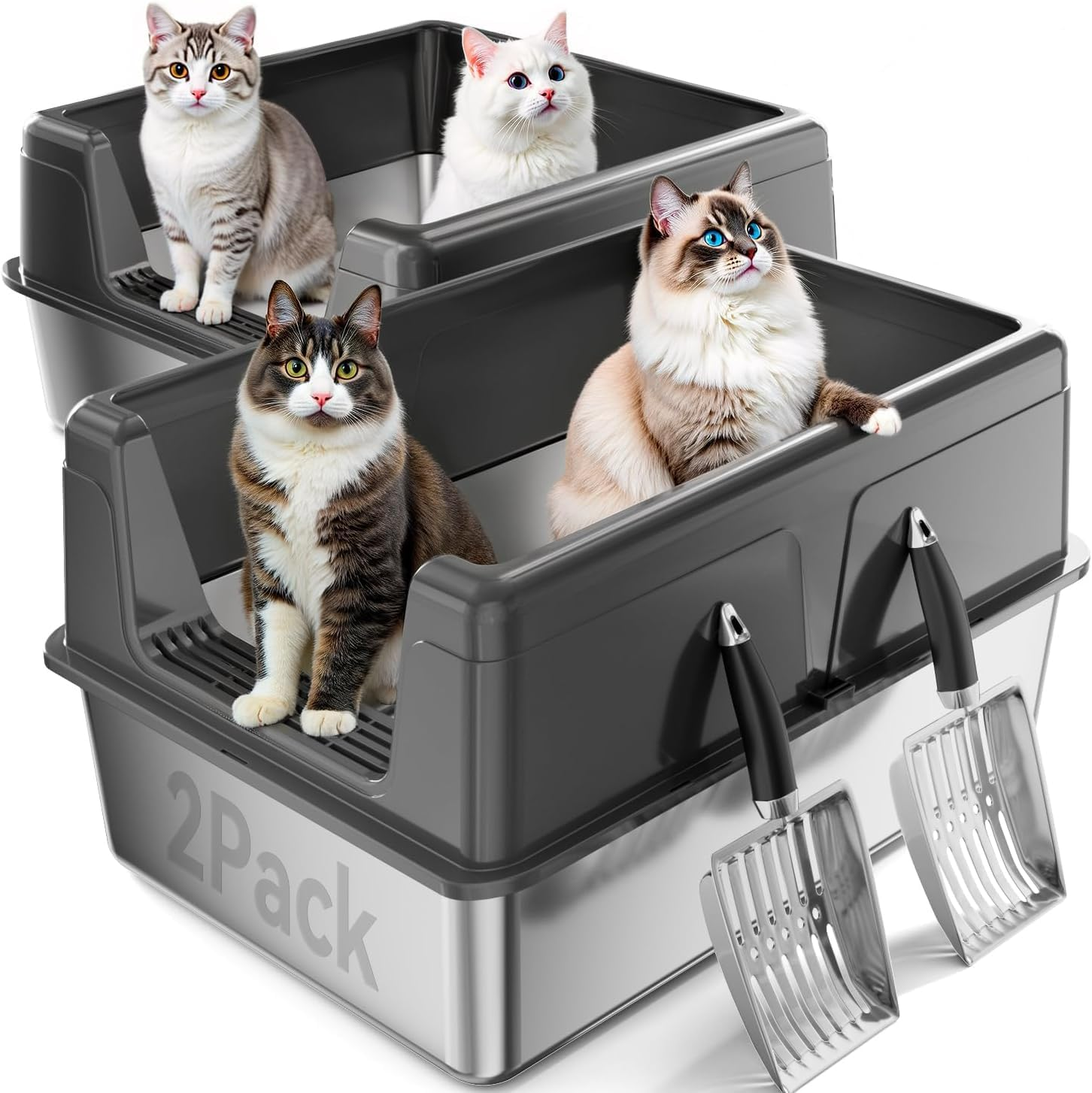 LOVELEDI Cat Litter Box - 2 Pack Stainless Steel Cat Litter Box, Extra Large Cat Little Tray with Lid for Big Cats, XXL Kitty Litter Pan Boxes with High Sides Enclosed, Non-Sticky, 61L X 40.6W X 30.5H image number 2