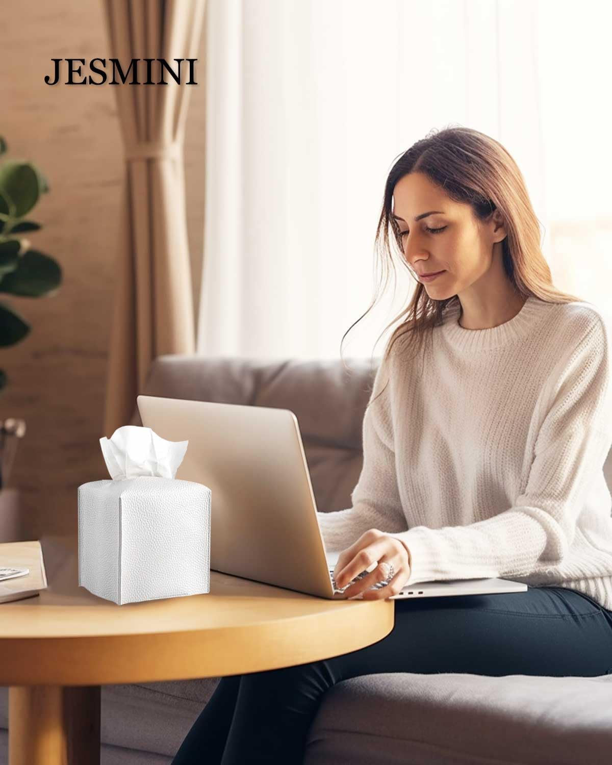 Tissue Holder White Tissue Box Cover &ndash; Square Leather Tissue Cover Box with Bottom Belt by Decorative Tissue Box Holder for Modern Home Office Decor image number 3