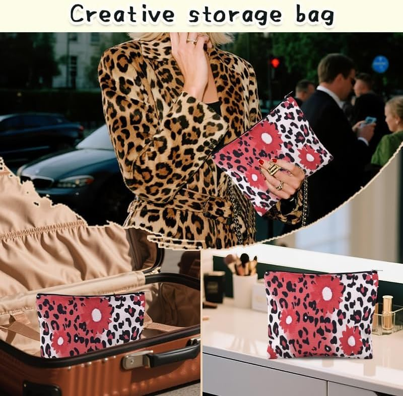 Flower Leopard Print Makeup Bag for Women Cheetah Cosmetic Bag Pouch for Animal Print Toiletry Bags for Best Friend Christmas Birthday Gifts for Girlfriend Wife Leopard Storage Bags image number 5