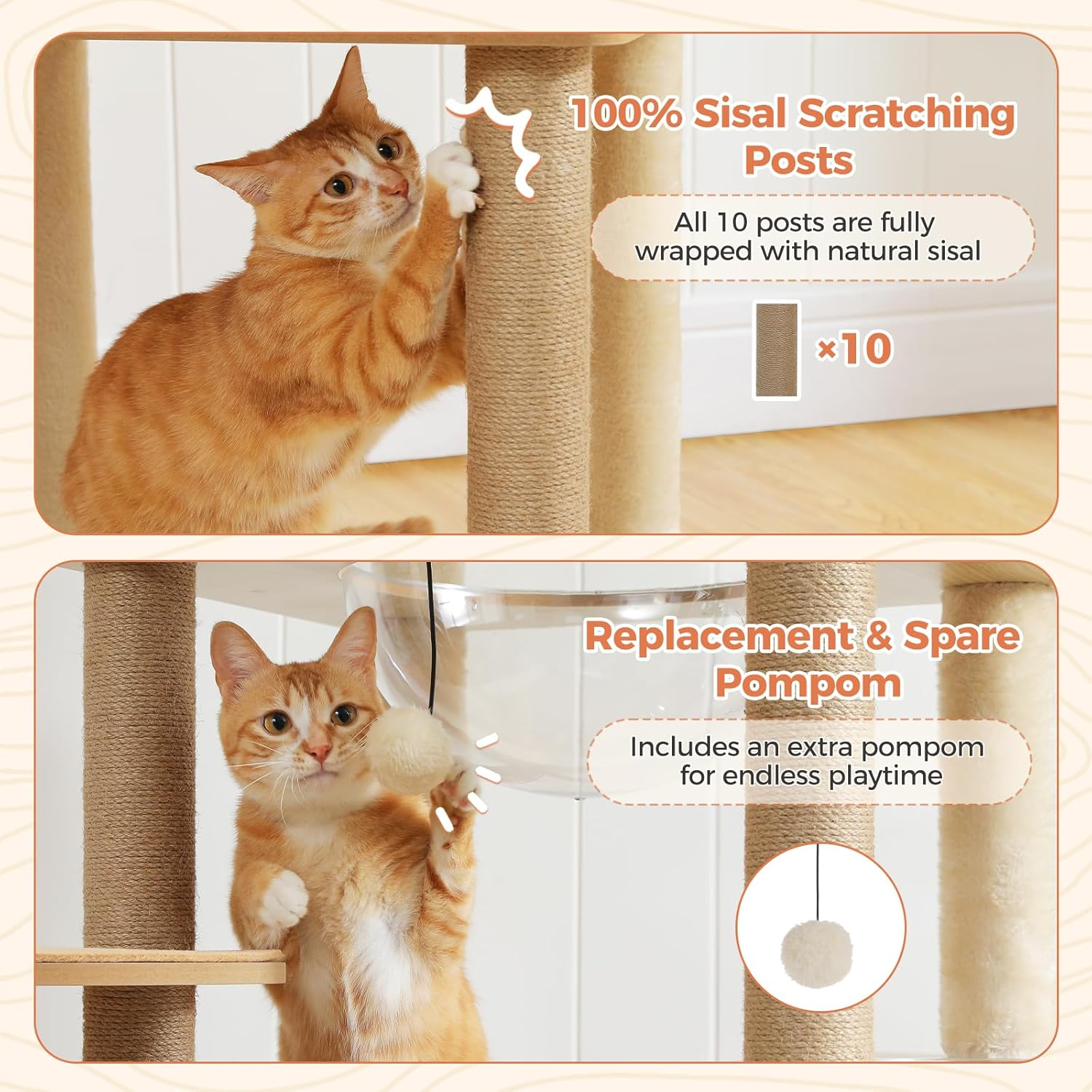 PAWZ Road Cat Tree, 180Cm Wood Large Cat Tower with 2 Acrylic Nests, 10 Sisal Covered Scratching Posts, Condo House and Spacious Top Perch for Large Cats image number 5