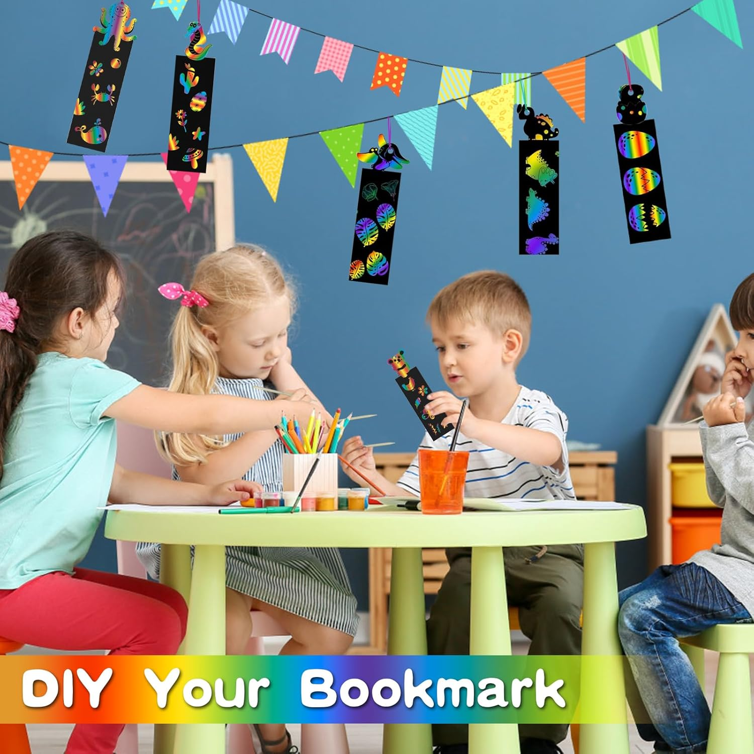 48 Pcs Scratch Art Bookmarks Party Favours Kids, Animal Bookmarks Set Party Bag Fillers with 48 Pcs Colorful Ribbons and 24 Pcs Wood Stylus, Scratch Art for Classroom Activities Party(Dinosaur) image number 3