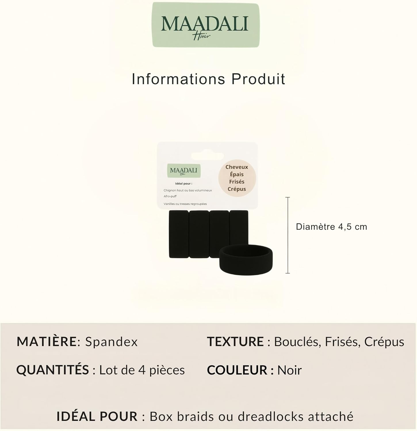 Maadali Extra Large Hair Bobbles for Frizzy, Curly, Thick Hair, 4 Pieces, 4.5 Cm Diameter, 5.5 Mm Thick, Strong and Comfortable Hold without Marks - Black Rubber Bands - Hair Accessories image number 2