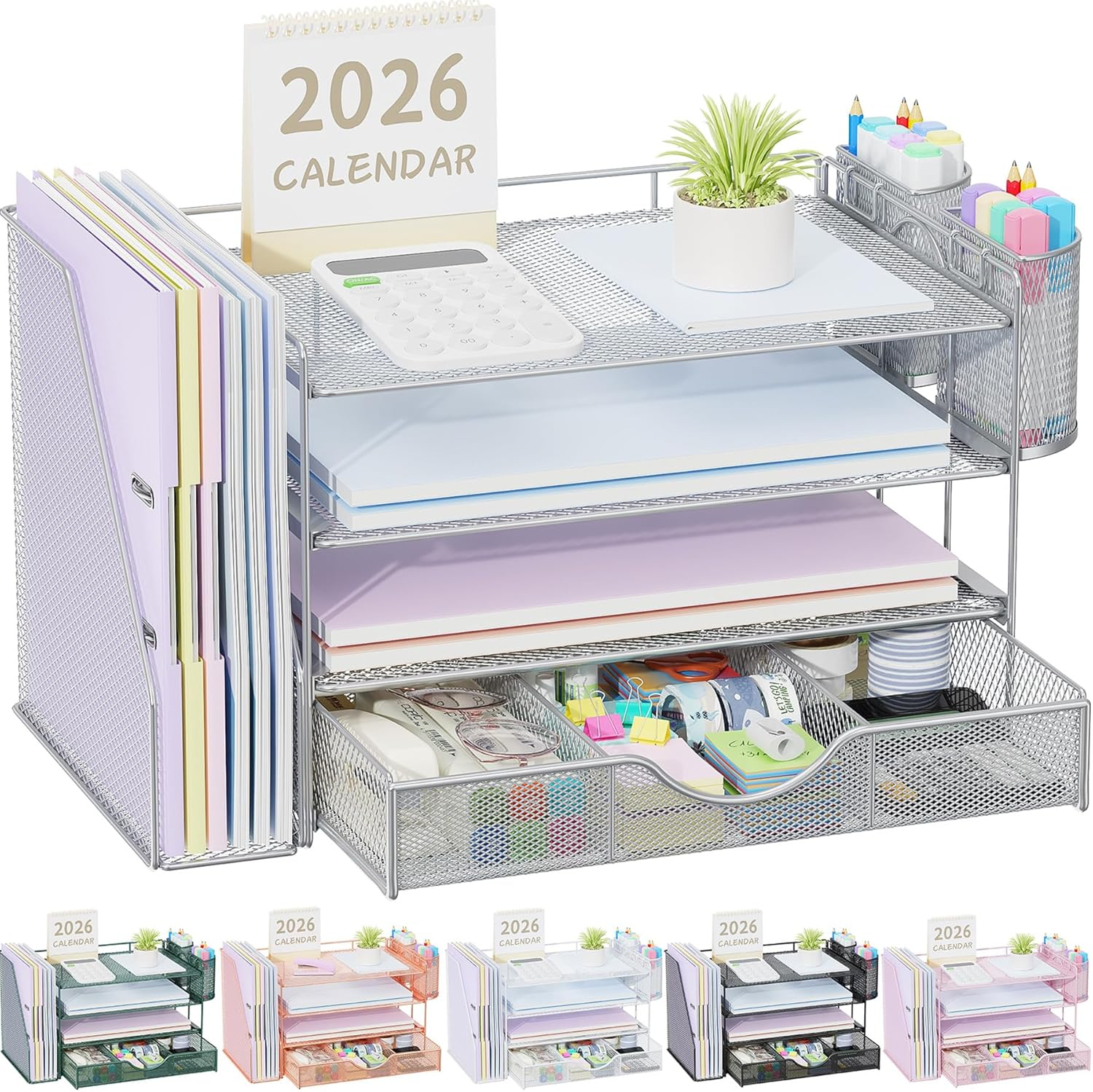 Gianotter Paper Organizer with File Holder for Desk, 4 Tier Letter Tray Office Desk Organizers and Accessories - Workspace Organizers with Drawer and 2 Pen Holder for Office Supplies (Grey), 4T-2 - Blue image number 5