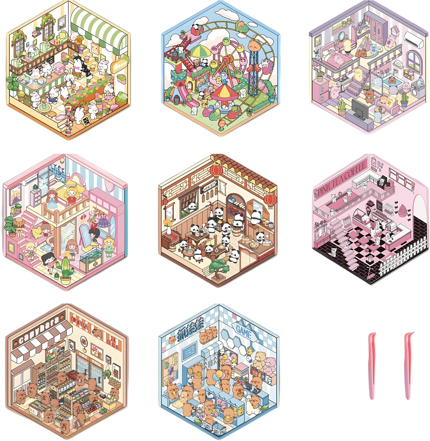 Tuvwxyza DIY 3D Miniaturized Stickers Scene Cabin Landscaping Handcrafted Cute Collage, 3D Cartoon House Stickers, 8 Sets image number 5