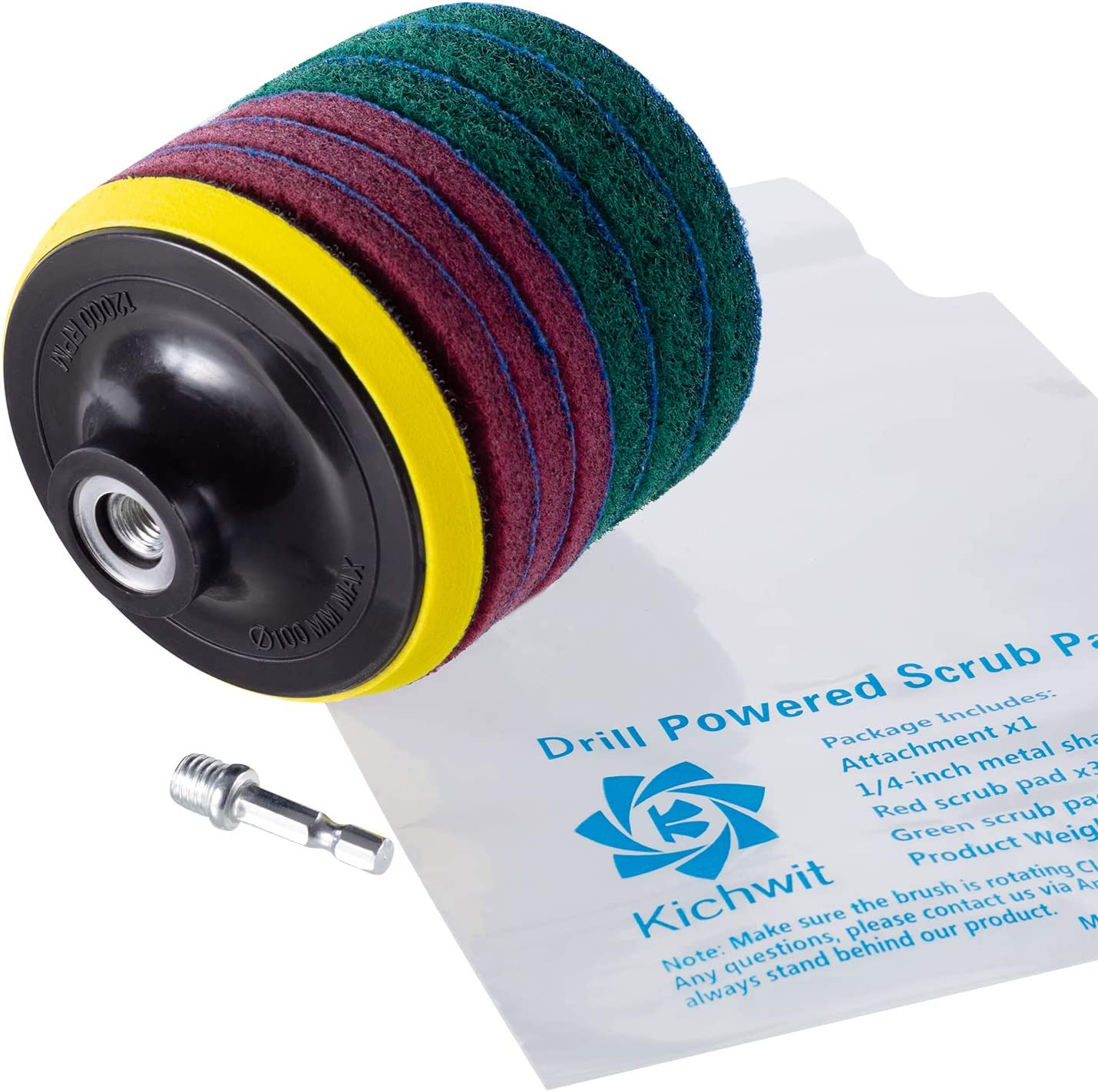 Kichwit 4 Inch Drill Power Brush Scrubber Scouring Pads, Includes Drill Attachment, 3 Red Pads and 3 Stiff Green Pads, Heavy Duty Household Cleaning Tool (Drill Not Included) image number 4