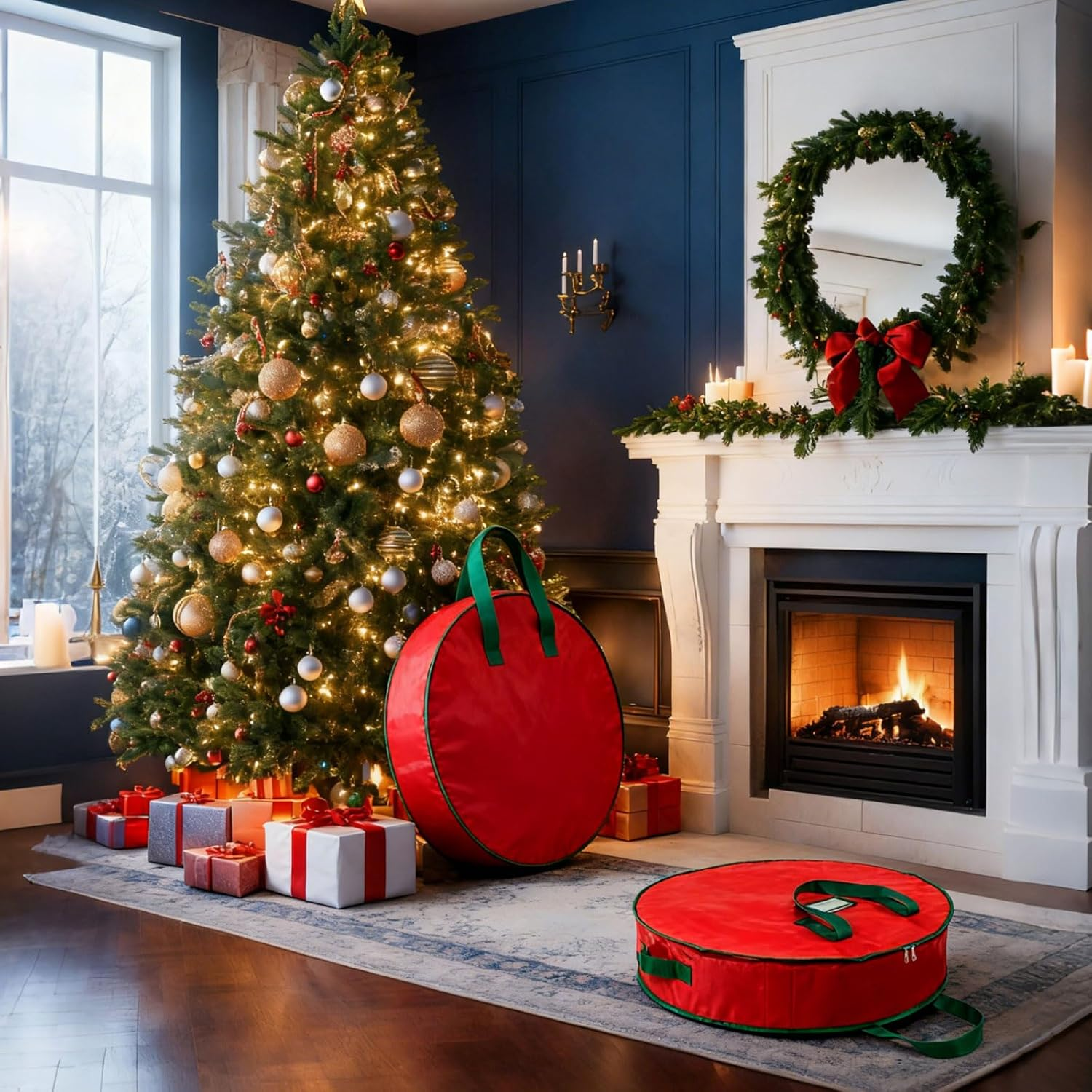 24 Inch Christmas Wreath Storage Bag Garland Wreaths Container &ndash; Waterproof Red Holder with Handles & Label Slot &ndash; Decorative Wreath Storage Container for Seasonal Decoration Storage, 61 X 61 X 18Cm image number 3