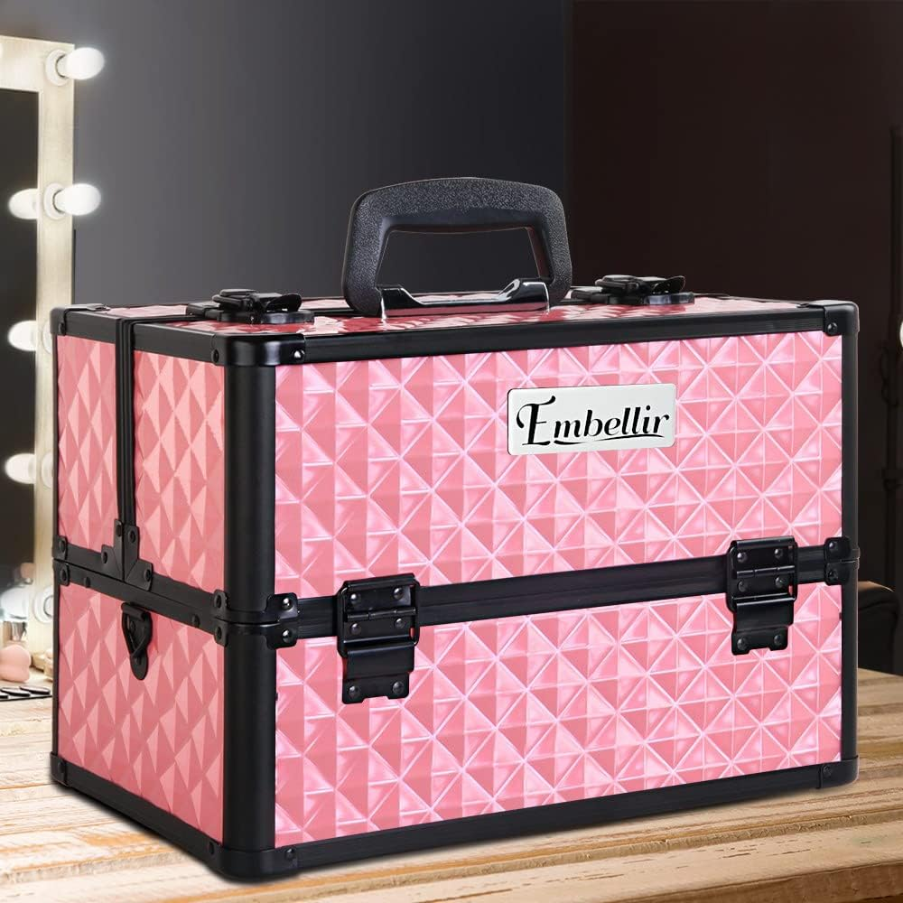 Embellir Makeup Case, Aluminium Lockable Beauty Cases Suitcase Make up Large Organisers Storage Portable Toiletry Cosmetic Box Travel Indoor Outdoor, with 4 Trays Shoulder Strap 8 Dividers Pink image number 6