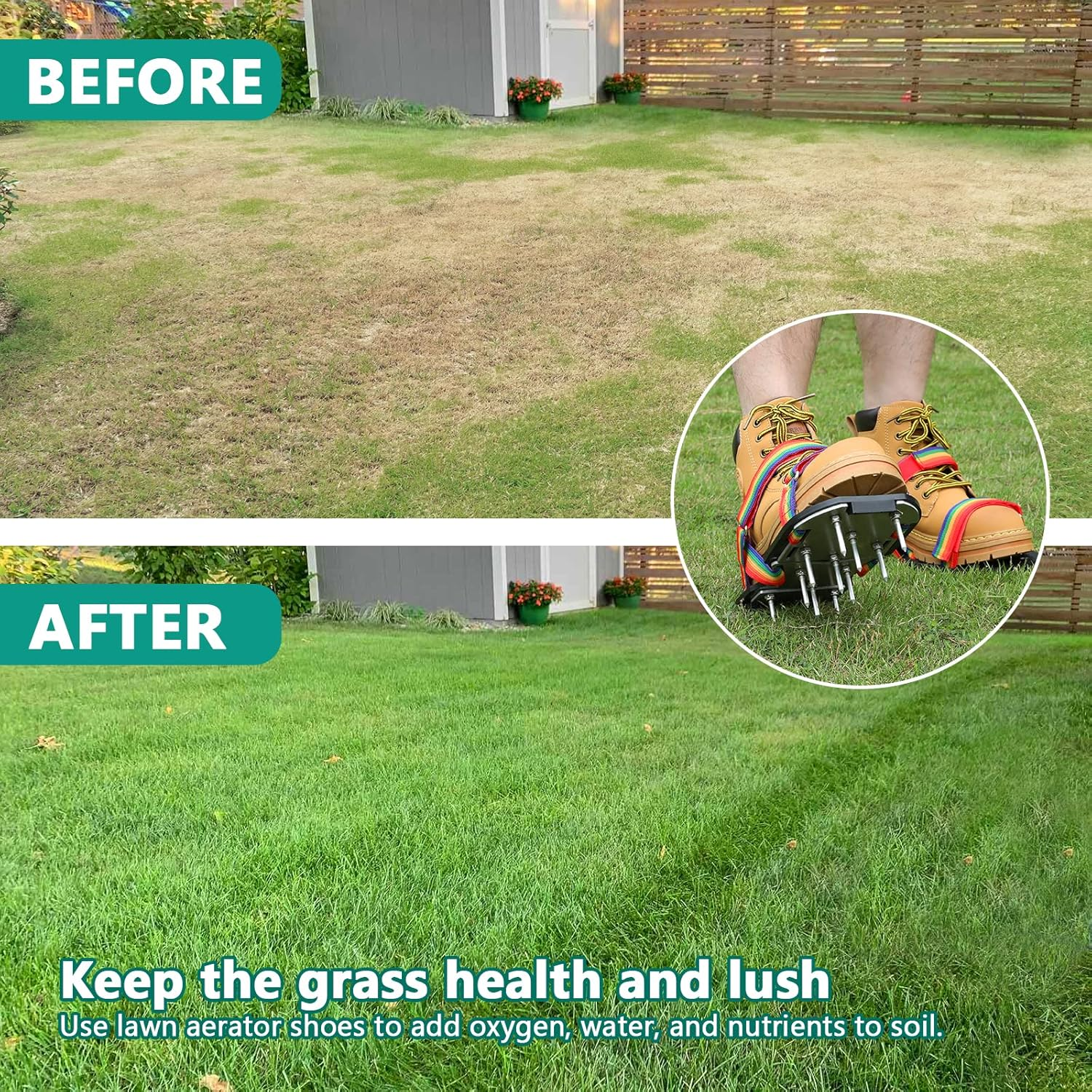 Lawn Aerator Shoes for Grass - Pre-Assembled Grass Aerator Shoes for Lawn - Soil Yard Aerator Tool for Aerating Patio Garden, Colorful - Blue image number 4