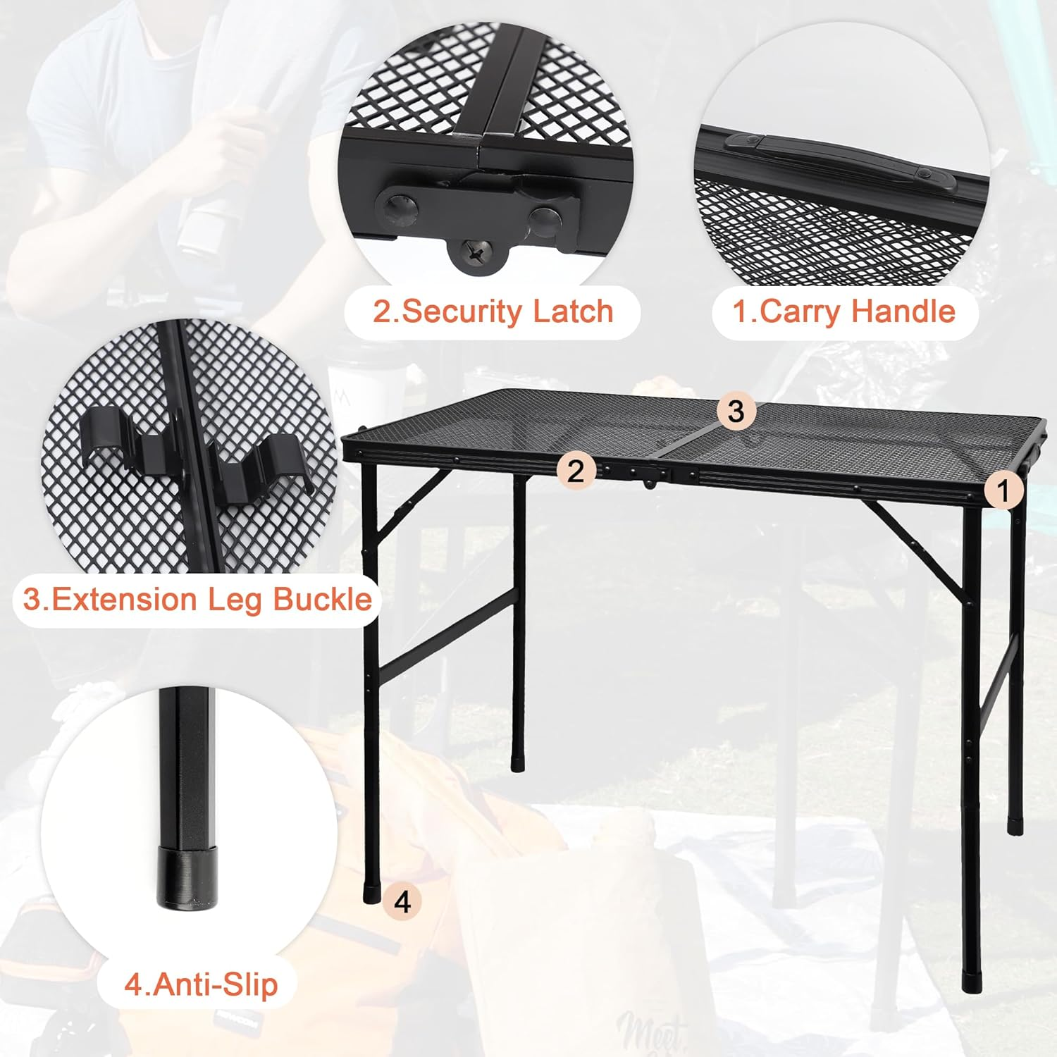 GREGIN Camping Table with Mesh Desktop, Lightweight & Portable Folding Grill Table, Height Adjustable Metal Outdoor Table for Camp, Cooking, BBQ, RV, Picnic-3 FT Black image number 5