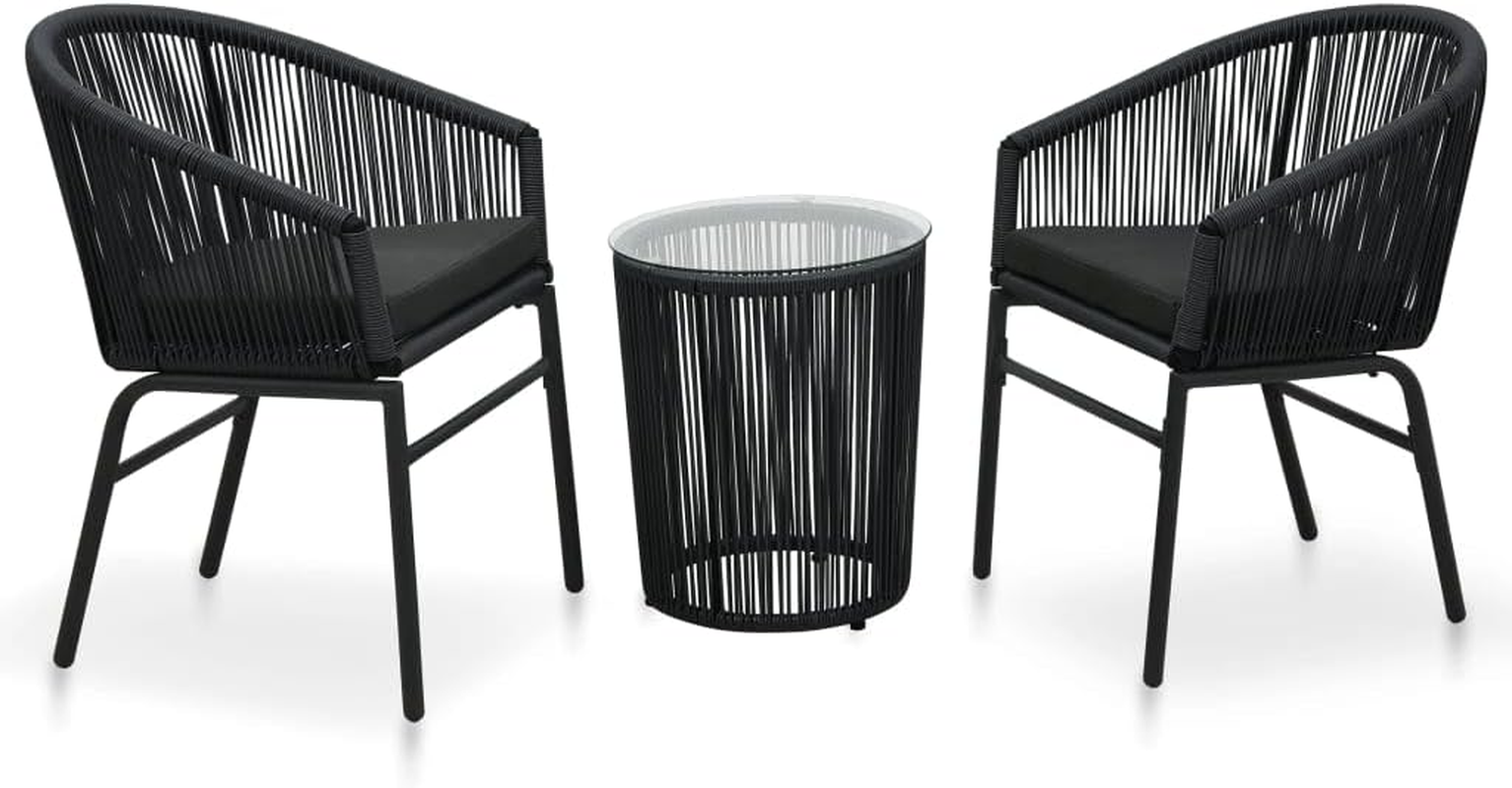 Vidaxl 3-Piece Bistro Set in Black PE Rattan, Weather Resistant Outdoor Lounge Set with Cushions, Glass Tabletop, Ideal for Patio, Garden and Terrace