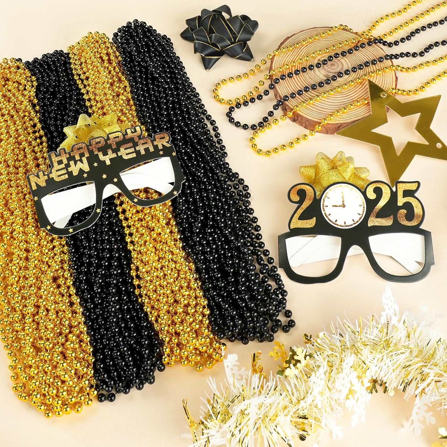 YAXINRUI 16 PCS New Year Necklaces, Gold Black Bead Party Favors, 33 Inch 7 Mm Beaded Necklaces for 2025 Years Eve Christmas Halloween Festive Events image number 6
