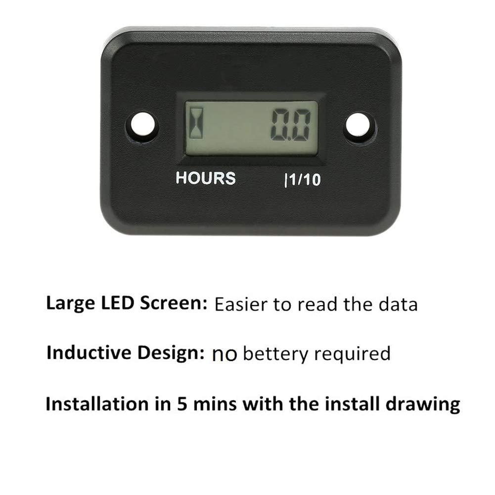 Inductive Hour Meter, Floor88 Waterproof LCD Digital Tach Hour Meter Inductive Hour Tachometer for Marine Motorcycle ATV Snowmobile Boat Ski Dirt Bike Lawn Mower Gas Engine Generator (Black)