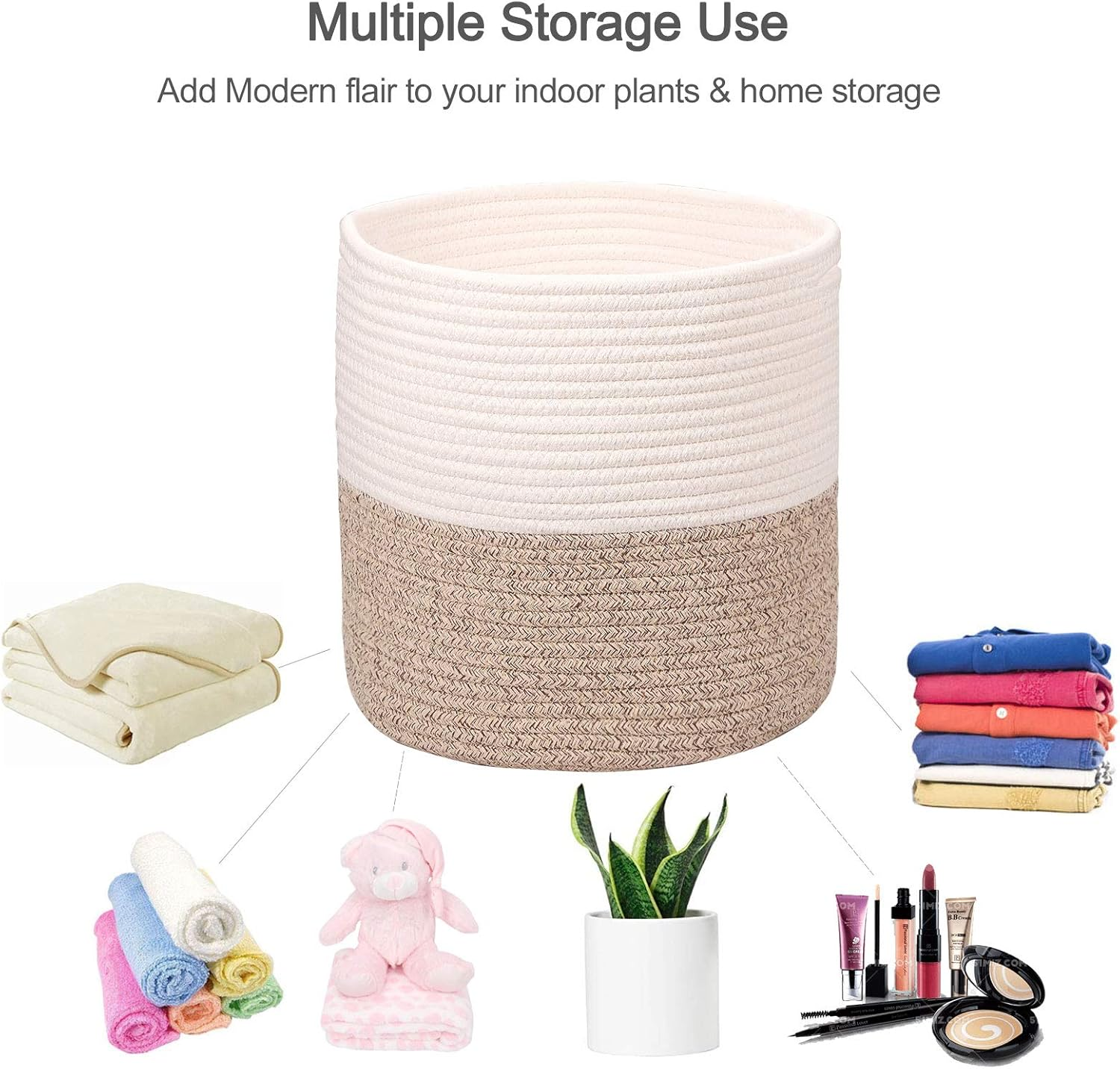 Woven Cotton Rope Plant Basket for 11 Inch Flower Pot Floor Indoor Planters,Decorative Small Basket for Plants Storage Organizer Modern Home Decor (12" X 12", Khaki) image number 2