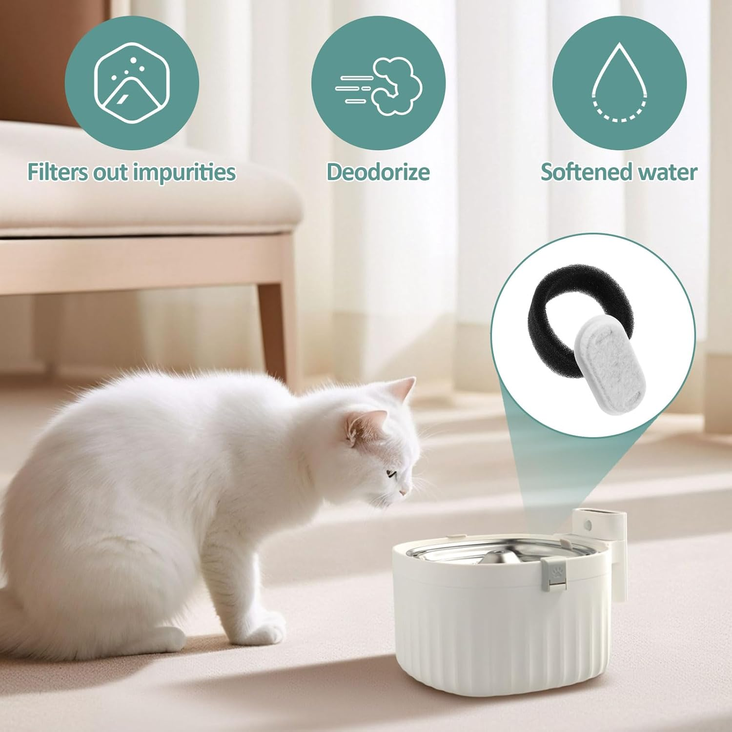 ZFLYCANP 32 Pcs Safe Cat Water Fountain Filters, Easy to Use Cat Fountain Replacement Filters with 16 Sponge for 67Oz 108Oz Stainless Steel Pet Water Dispenser image number 2