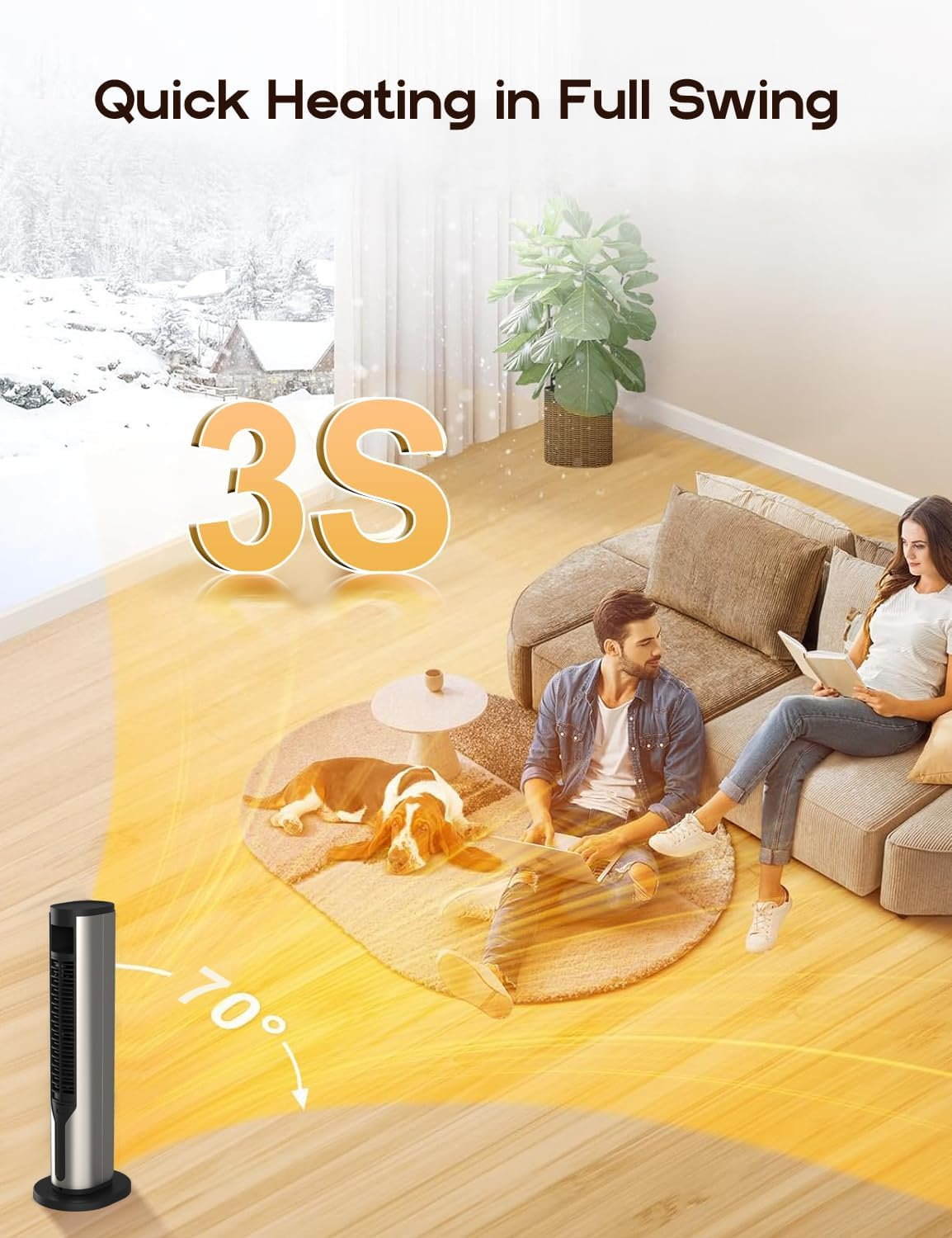 2000W Space Heater for Indoor Use, 60Cm Height Portable Fan Heater, 70&deg; Oscillating Tower Space Heater with Remote, 4 Modes, 12H Timer, Overheating & Tip-Over Protection, Electric Heater for Home image number 5