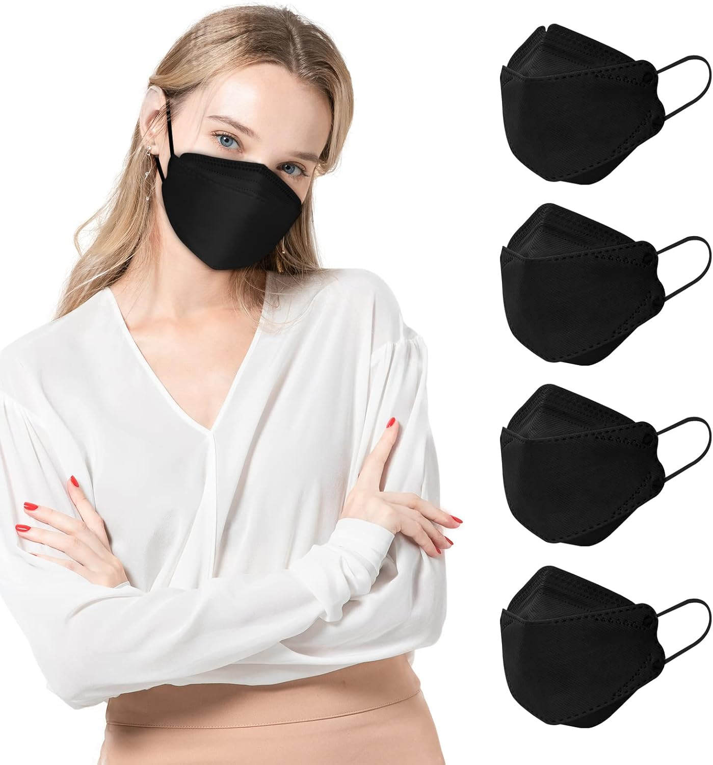 KF Design Mask Black, Adult Sized Mask for Women Men, Comfortable Breathing Mask for Adjustable Snug Fit, 4 Ply Filtering Protective Mask Cover - 10 PCS image number 2