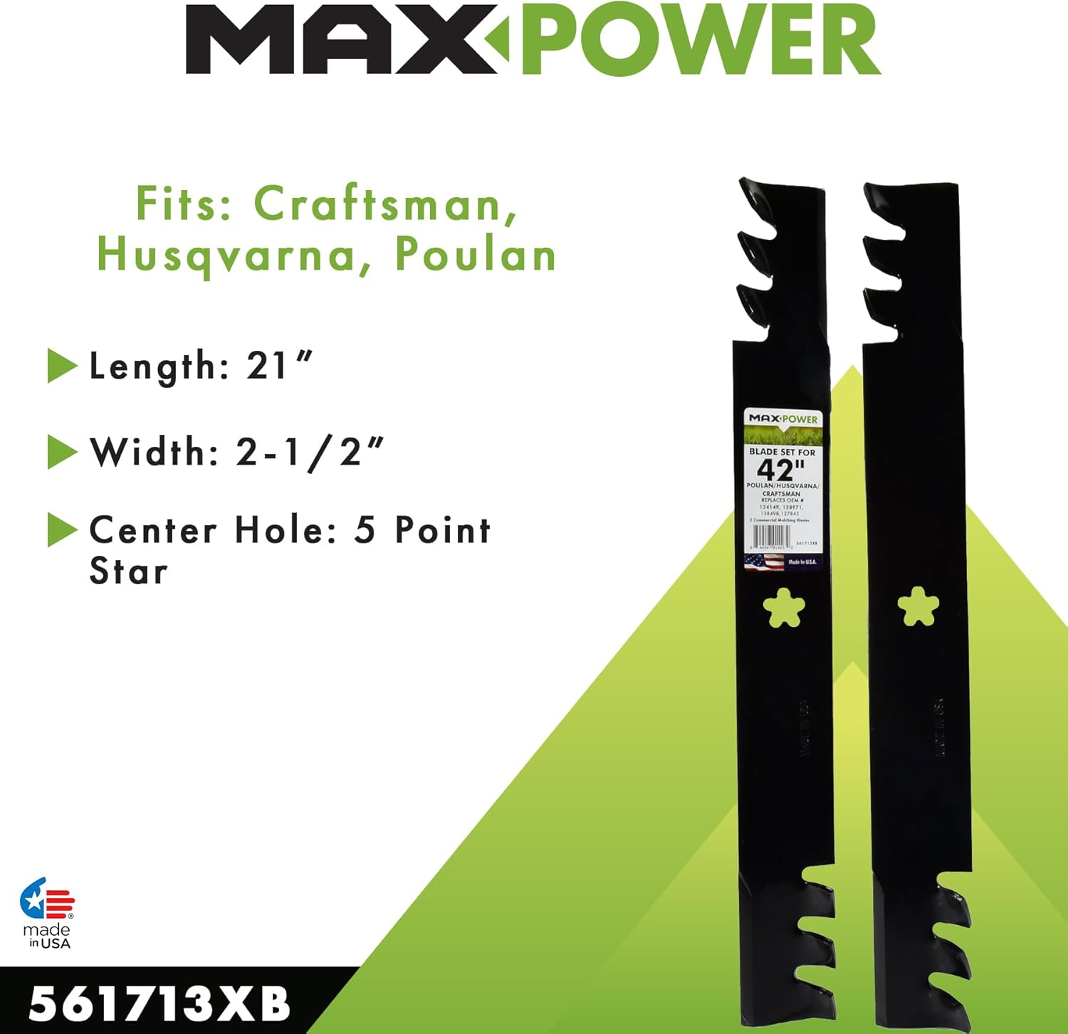 Maxpower 561713XB 2 Commercial Mulching Blade Set for Many 42 In. Cut Craftsman, Husqvarna, Poulan Mowers Replaces OEM #'S 138498, 138971, 532138971, 532127843, 532138498 image number 5