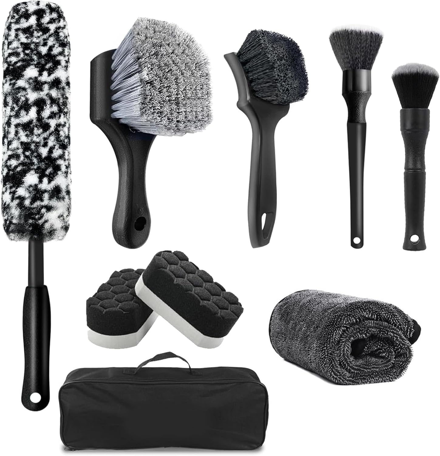8PCS Car Wheel Tire Brush Kit, Tire Wheel Soft-Bristled Rim Cleaner Brush, Soft-Bristled Rim,Microfiber Bendable Shine Applicator Pad, Car Detailing Brushes Supplies Kit