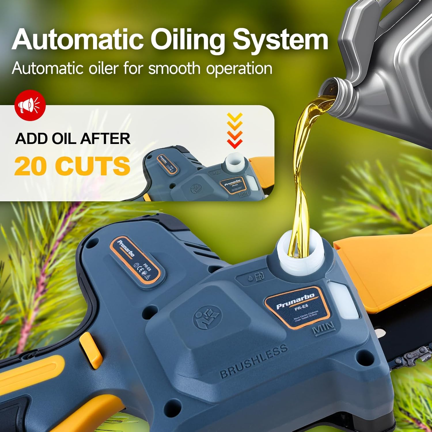 Prunarbo Mini Chain Saw Battery Powered 8 Inch, Hand Held Small Electric Chainsaw Cordless Compatible with Makita 18V Batteies with Auto Oiler 8000Mah Lithium Cell for Tree Branch Wood Cutting PR-E8