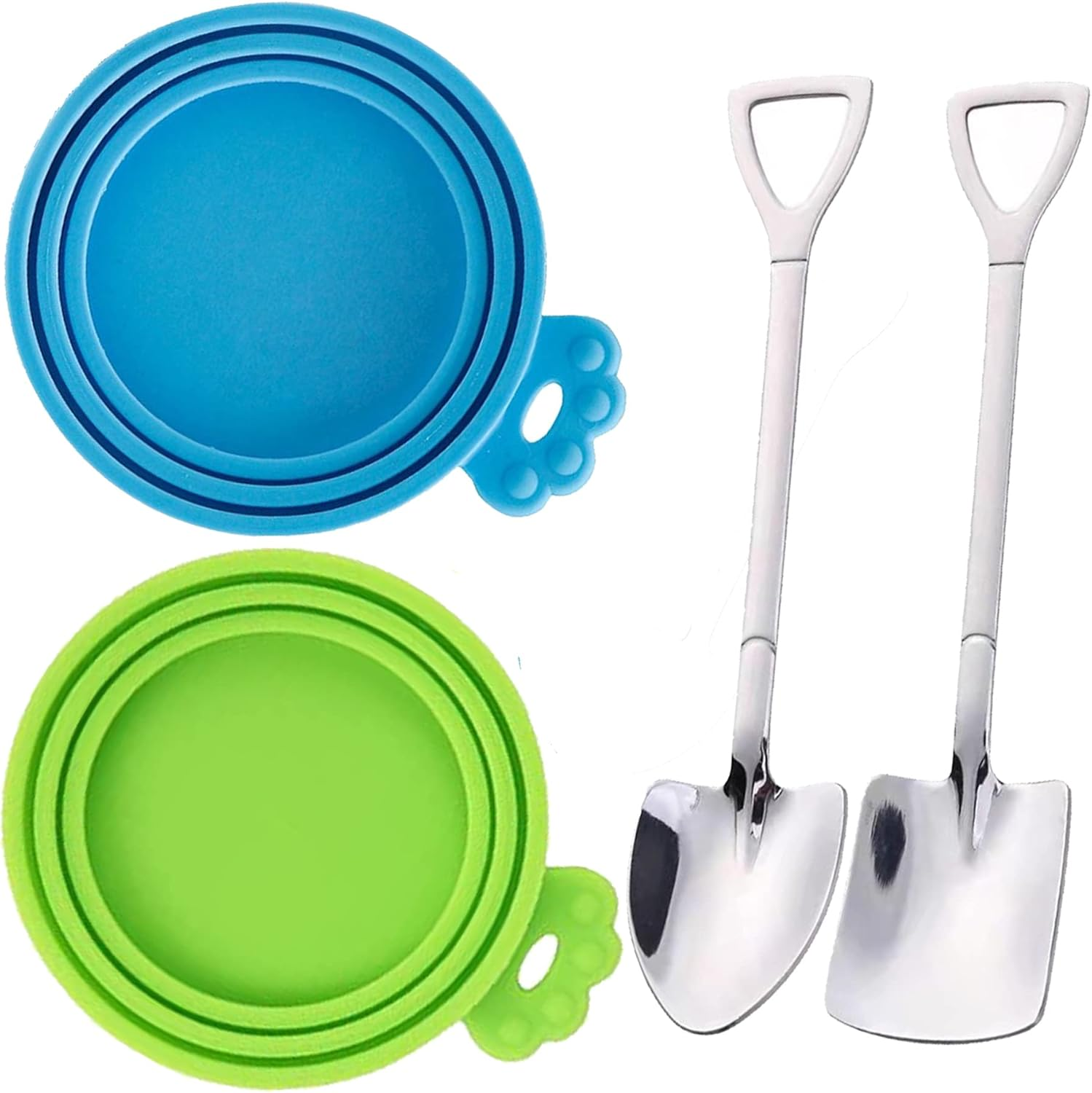 WOHENI Pet Food Lids, Silicone Can Lids and Stainless Pet Food Spoons, Universal Can Cover Fits Most Standard Size Dog and Cat Can Tops, Cat Dog Food Lids for Canned Food (4 Pack+2 Spoons)
