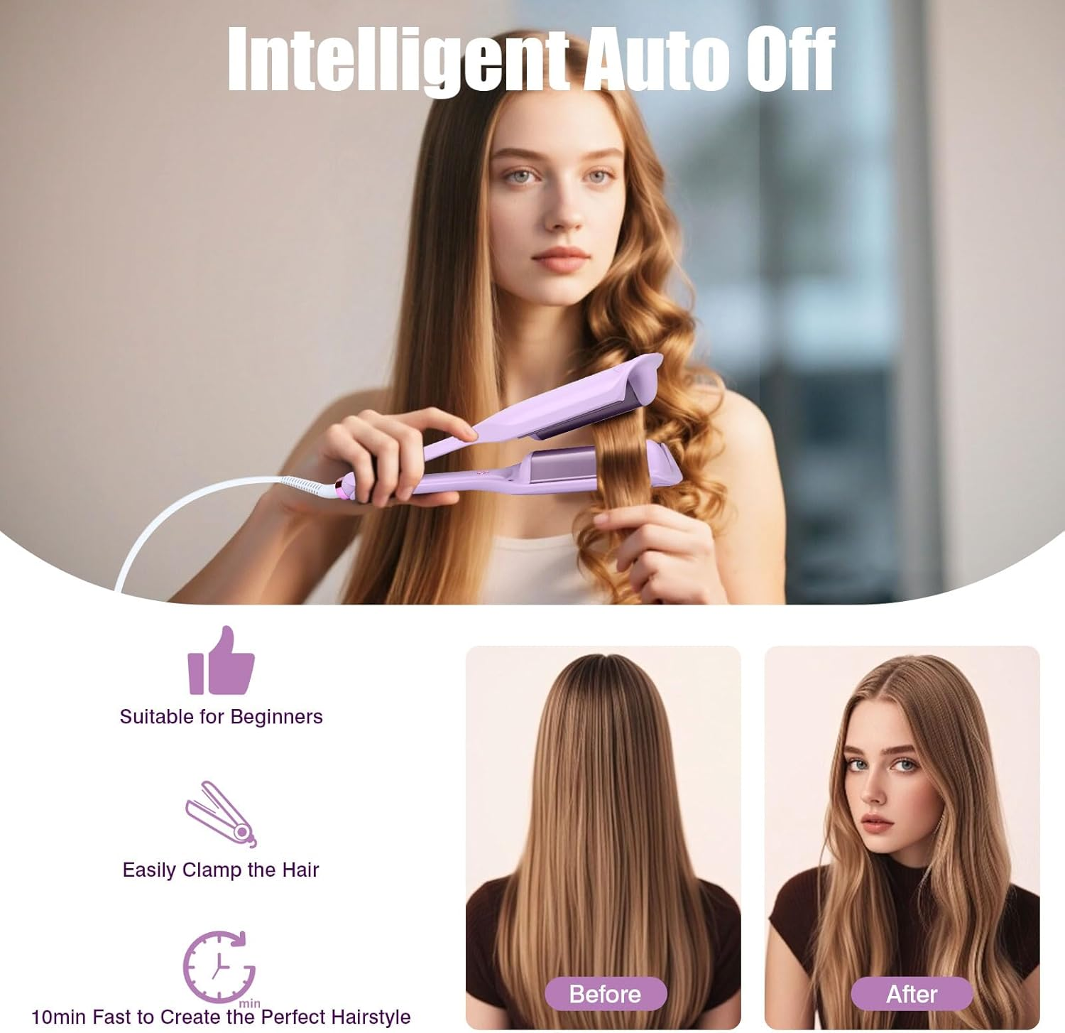 UOEPOWA 40Mm Wave Curling Iron, Deep Waver Curling Iron, Ionic Beach Waves Curling Wand with Ceramic Tourmaline Barrel, Dual Voltage, Anti-Scalding Fast Heating for Short and Long Hair (Purple) - Purple image number 5