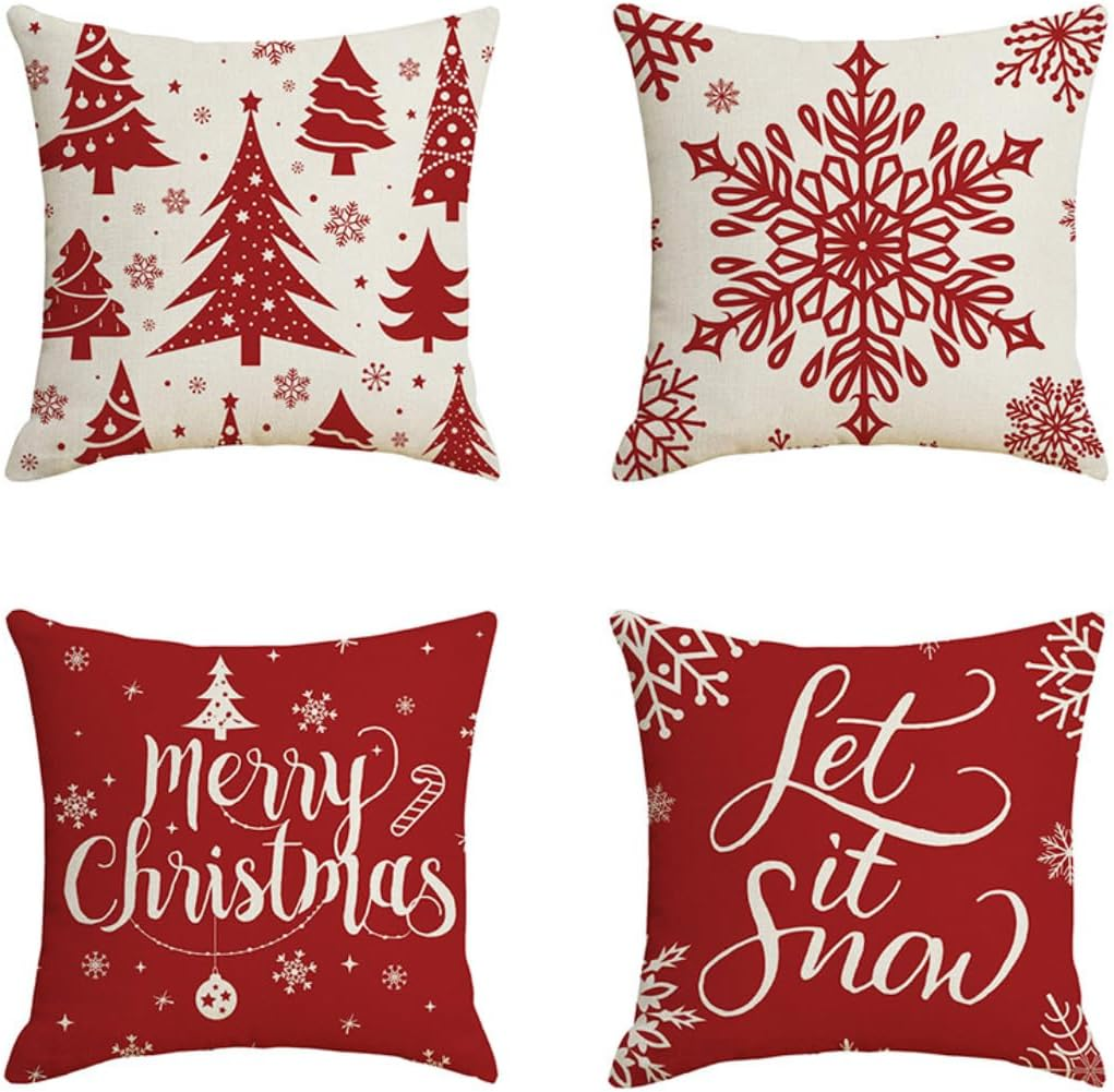 Christmas Cushion Covers 18X18 Inch, 4 Pack Pillow Covers Christmas Tree Snowflake Reindeer Santa Claus Linen Throw Pillow Cases for Home Decor, Bedroom, Sofa Christmas Decor New