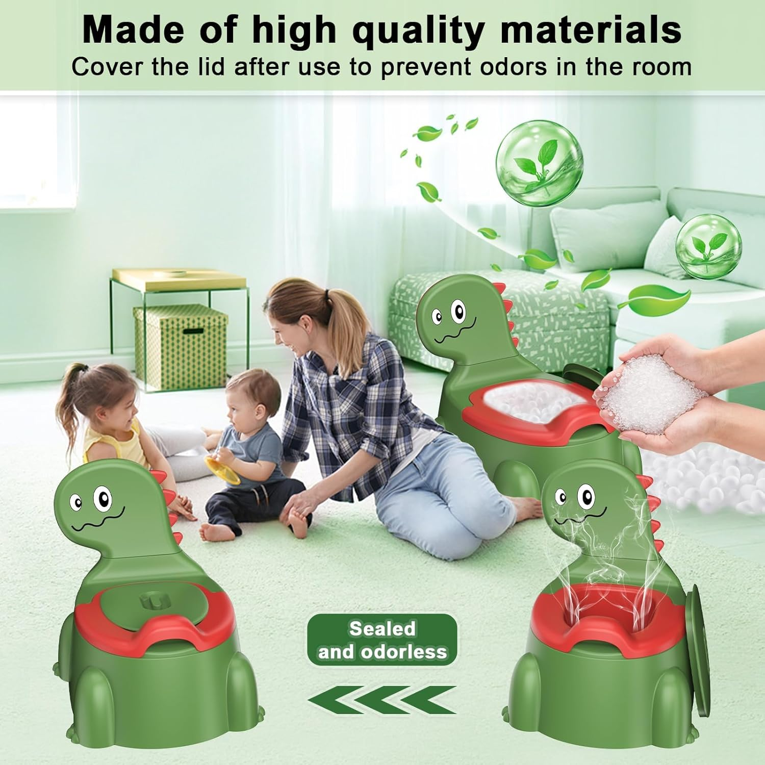 LEFAFA Travel Potty Toilet for Toddler, Dinosaur Design Potty Training Toilet Seat, Portable Toilet with Lid and Non-Slip Rubber Mat Backrest for Boys Girls Kids Toddler Children (Green)