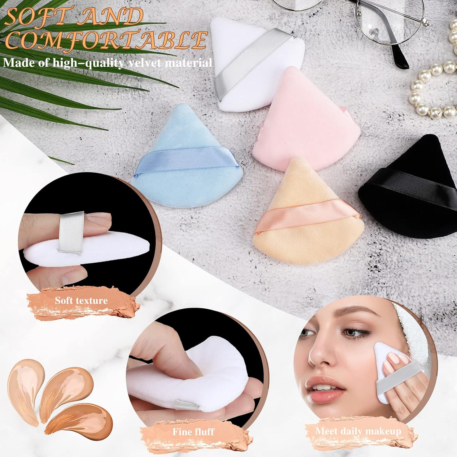 Suclain 48 Pcs Velour Triangle Powder Puff Soft Velour Makeup Puff for Face Powder Makeup Triangle Sponges for Wet and Dry Cosmetic Foundation Loose Mineral Body Tool(Bright Color) - Black, White image number 6