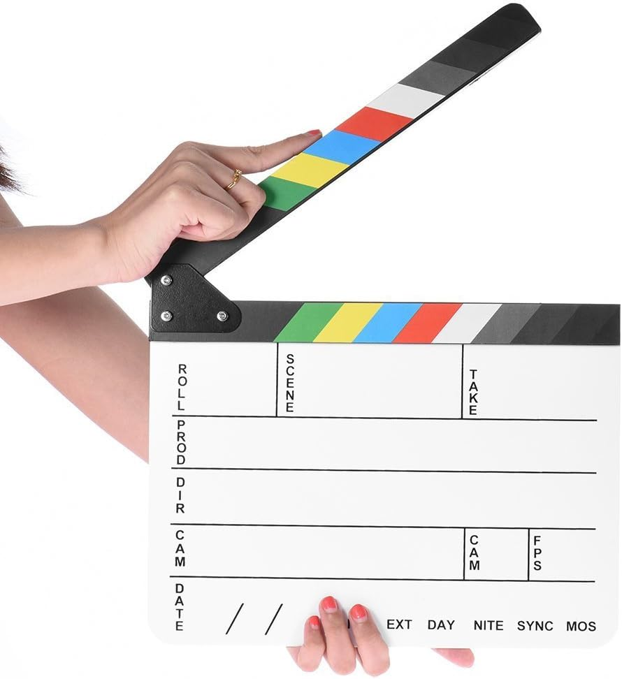Professional Studio Camera Photography Video Acrylic Clapboard Dry Erase Director Film Movie Clapper Board Slate with Color Sticks(9.6X11.7 /25X30Cm) White