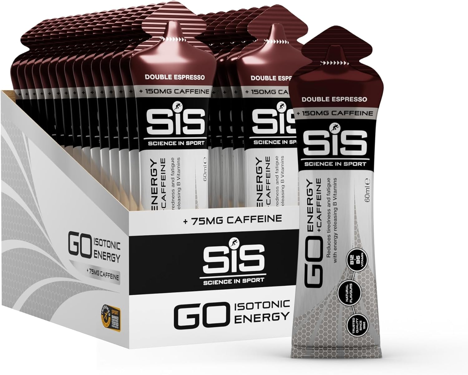 Science in Sport GO Isotonic Energy Gels, 150Mg of Caffeine, Running Gels with 22G Carbohydrates, Low Sugar, Double Espresso Flavour, 60Ml per Serving (30 Pack) image number 2