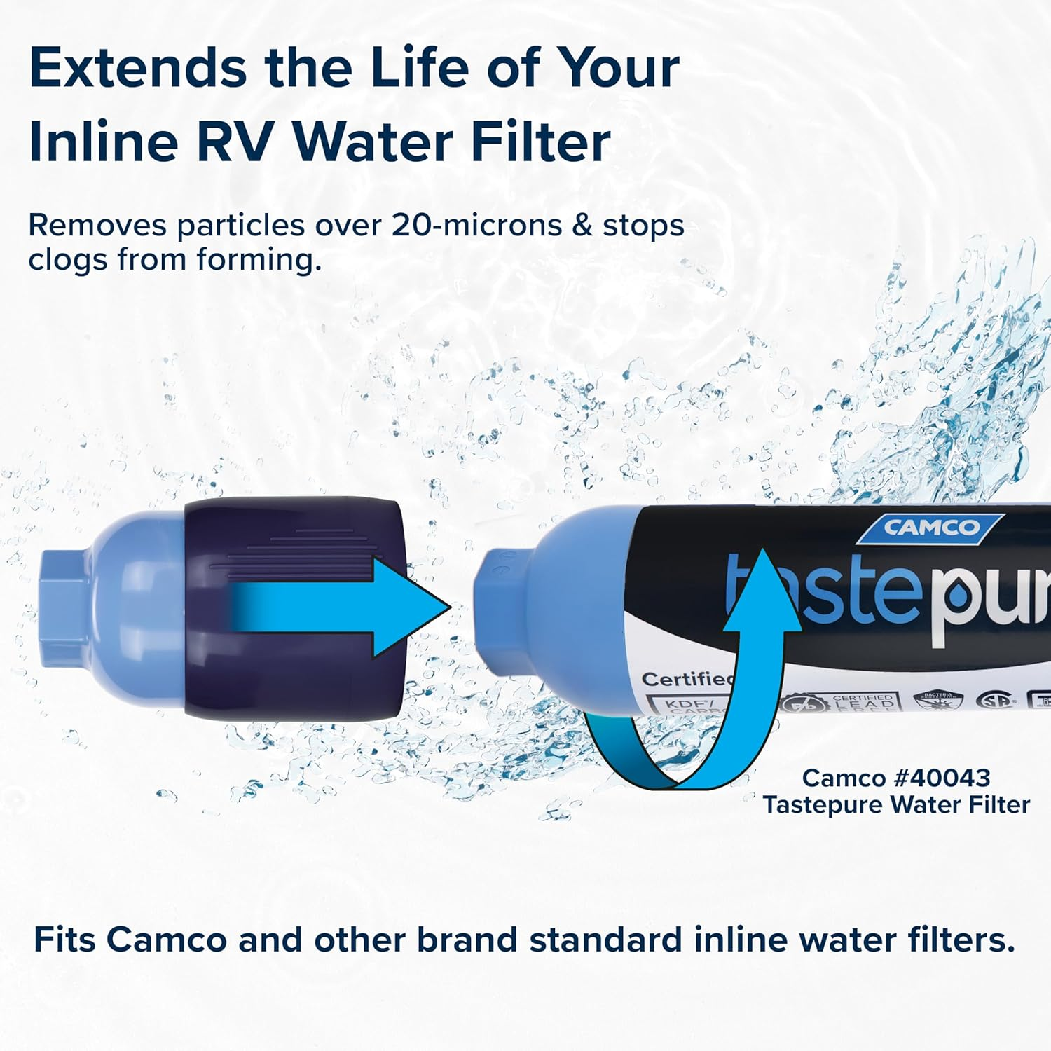 Camco Tastepure RV Sediment Pre-Filter Water Filter | Features a 20-Micron Filtration System, Provides the First Stage of Water Filtration, and Extends the Life of RV Water Filters (40048) image number 2