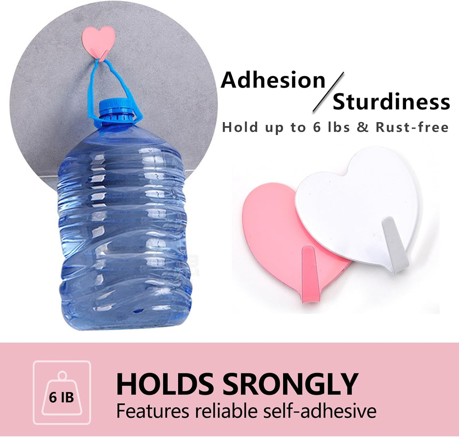 Heart Wall Hooks, 8 Pack, Cute Pink Decorative Accessories, Purse Hanger for Girls Room, Stainless Steel, Sturdy Adhesive for Hanging Keys, Bags, Towels, Clothes image number 3