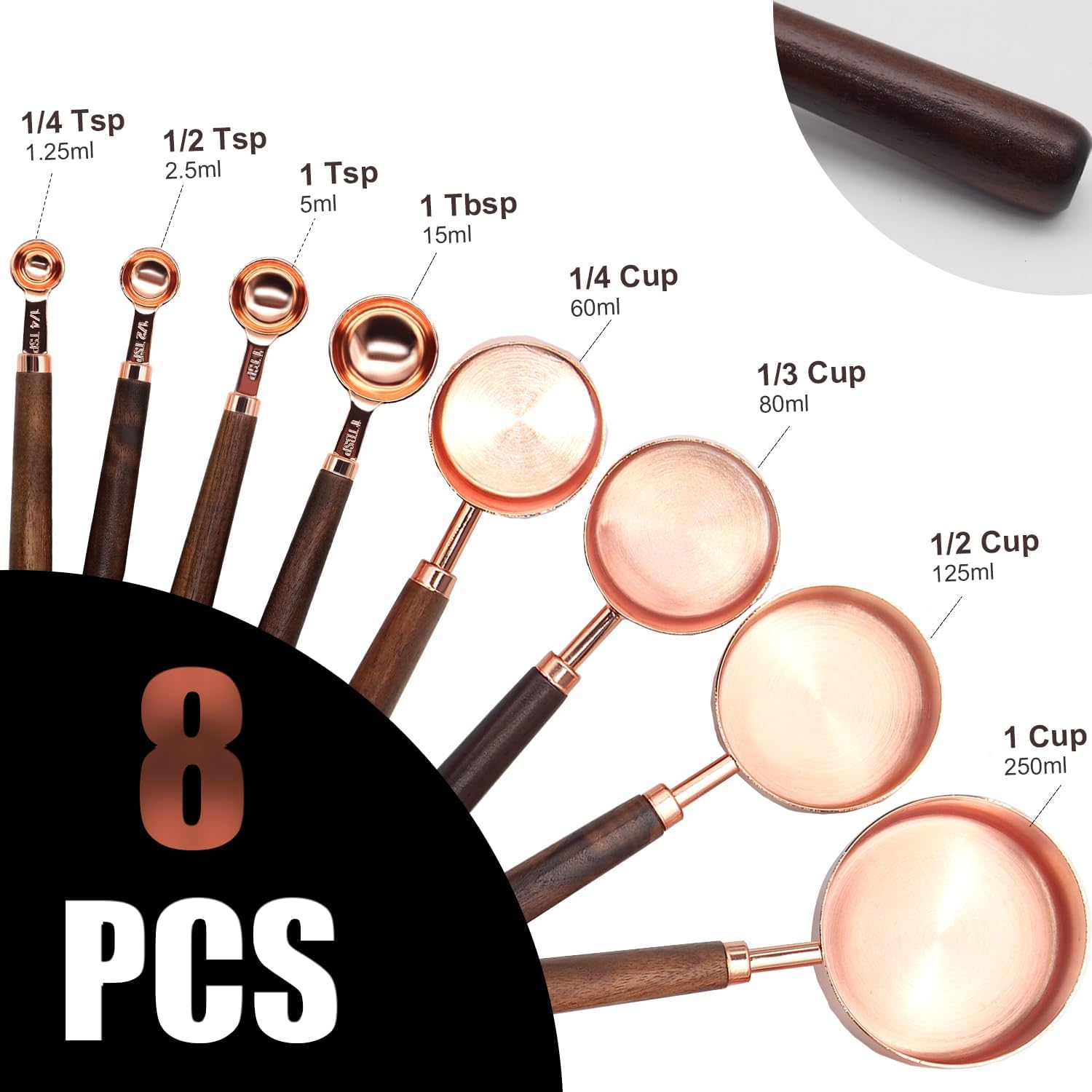 Gold Measuring Cups and Spoons Set with Wood Handles, Premium Stainless Steel Measuring Spoons and Measuring Cups Set (Set-Rose Gold)