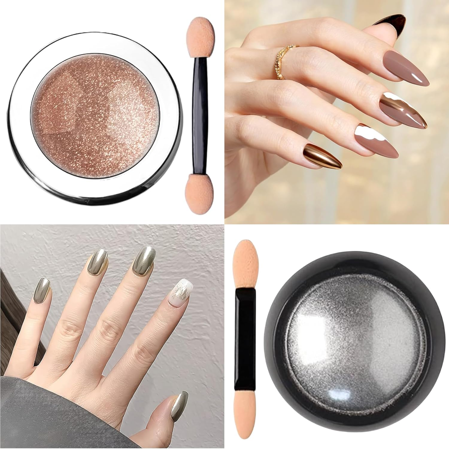 Jeyzuroa 2PCS Chrome Nail Powder Set - Mirror Effect Metallic Dust & Holographic Glitter for DIY Gel Polish Nail Art, Manicure, Resin Craft (Dark Silver & Gold)