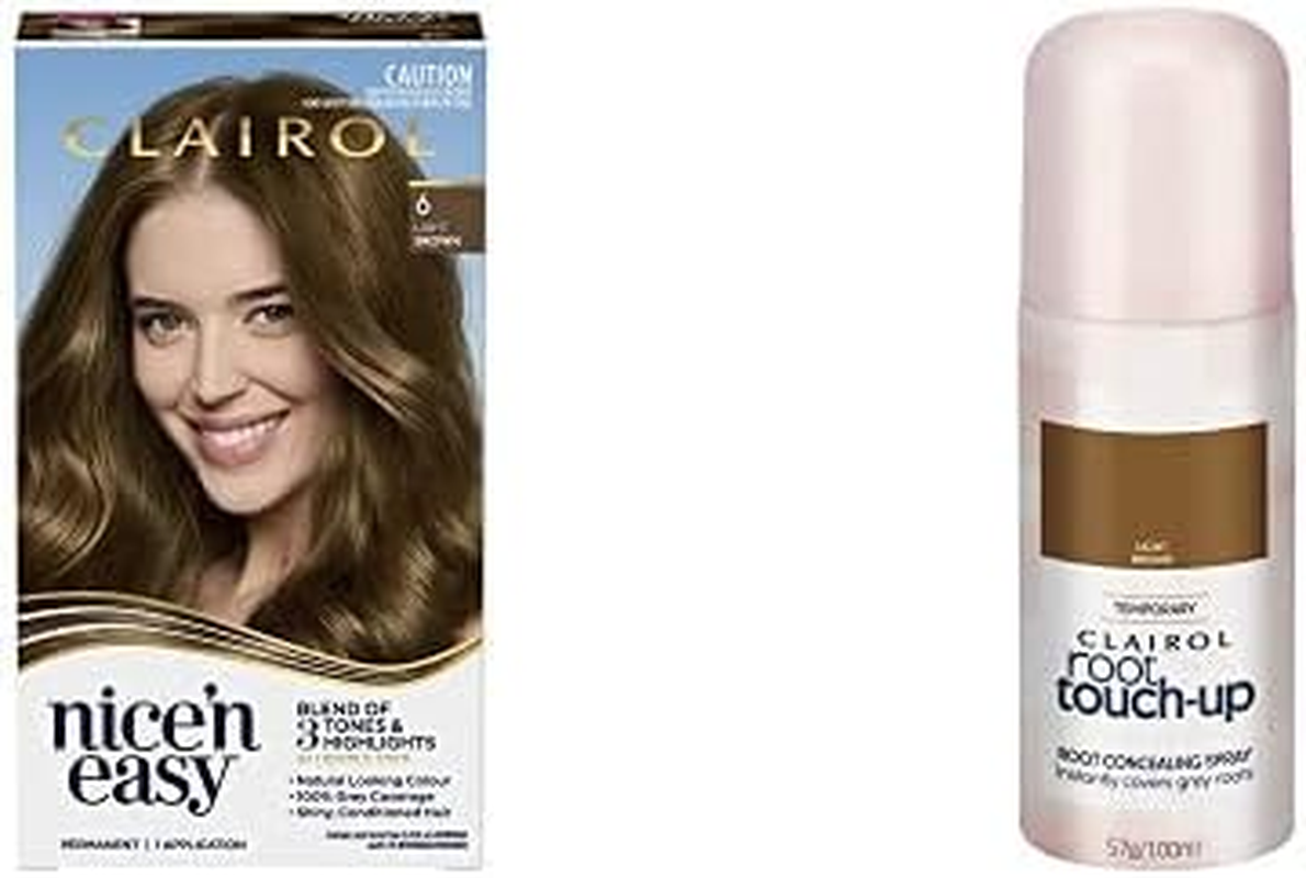 Clairol Hair Colour Bundle: Clairol Nice'N Easy 6 Natural Light Brown + Root Touch up Root Concealing Spray - Light Brown, for Brown Hair